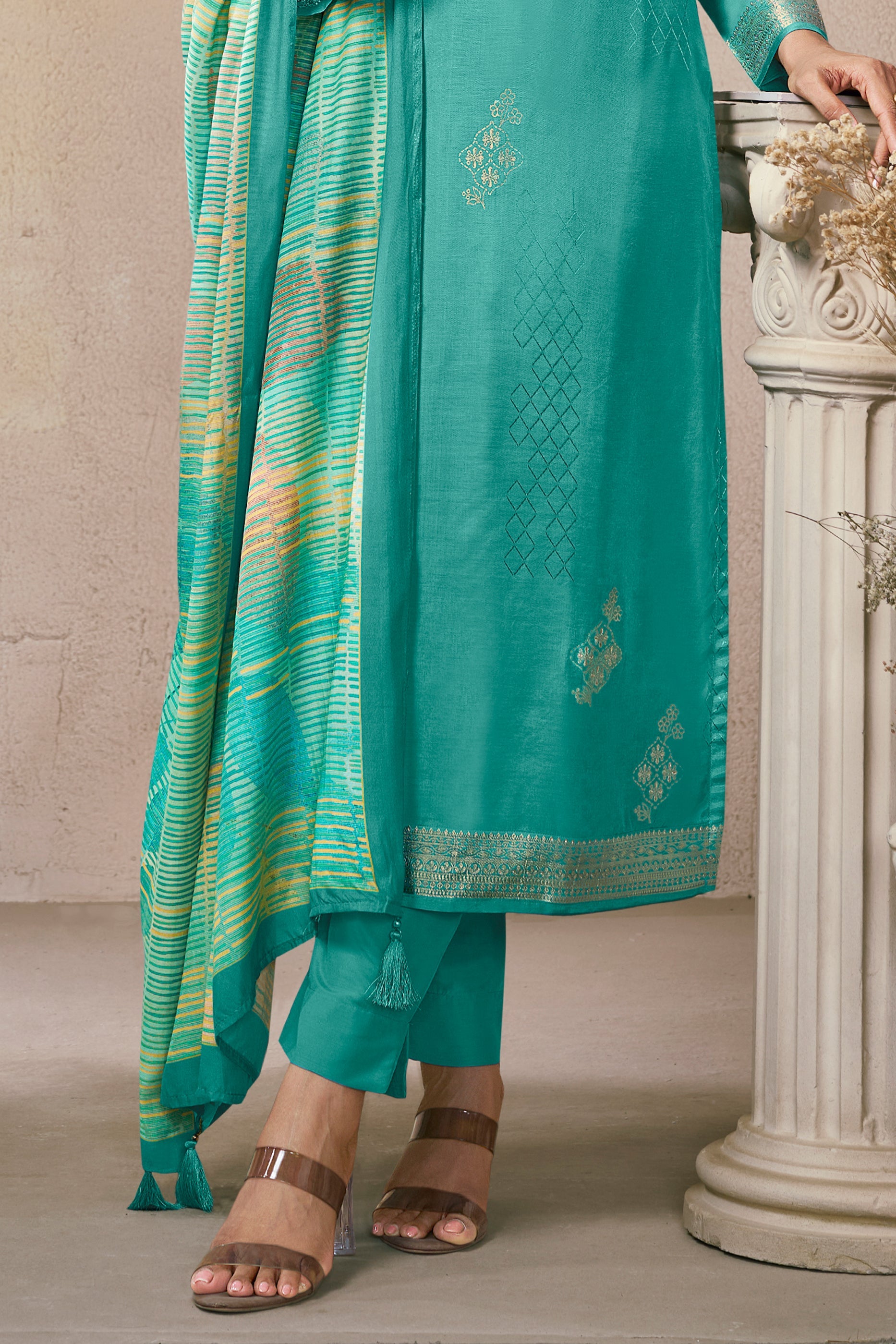 Blue Green Woven Viscose Muslin Suit-SAR11738_4_SareeButa.com