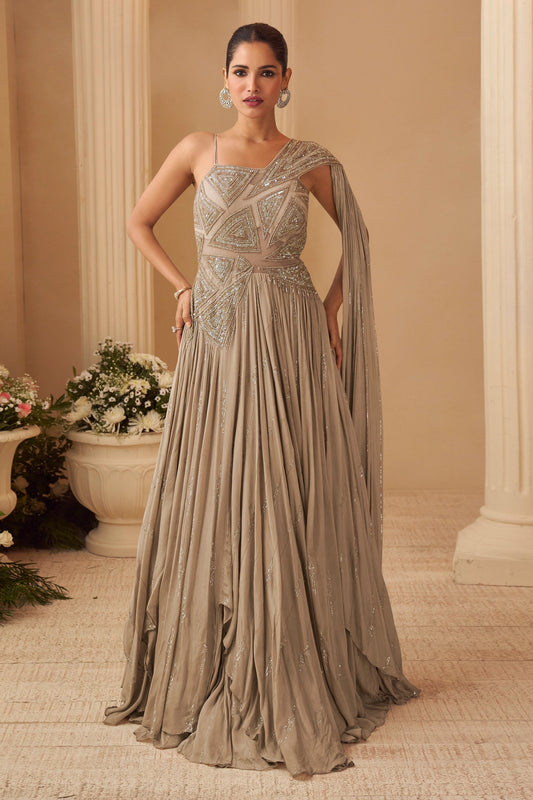 Tussar Beige Readymade Chinon Silk Gown-SAR10951_1_SareeButa.com