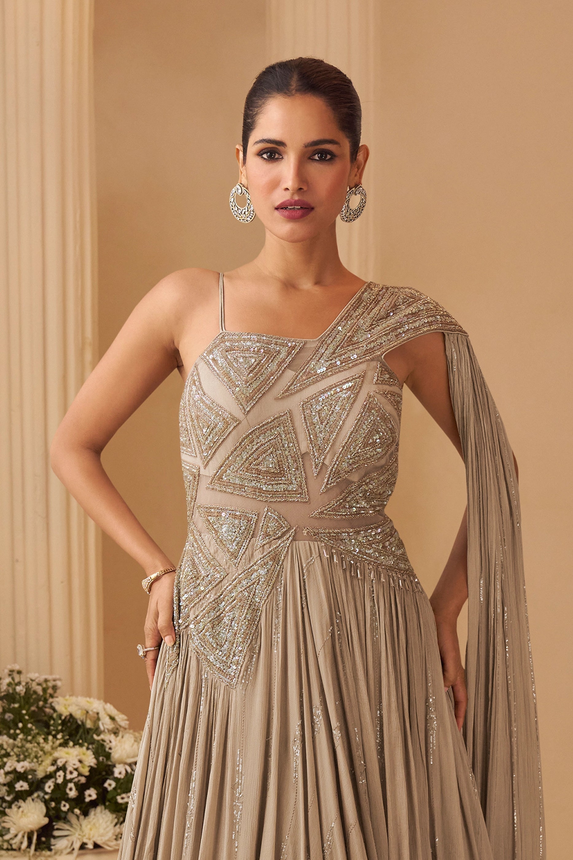 Tussar Beige Readymade Chinon Silk Gown-SAR10951_5_SareeButa.com