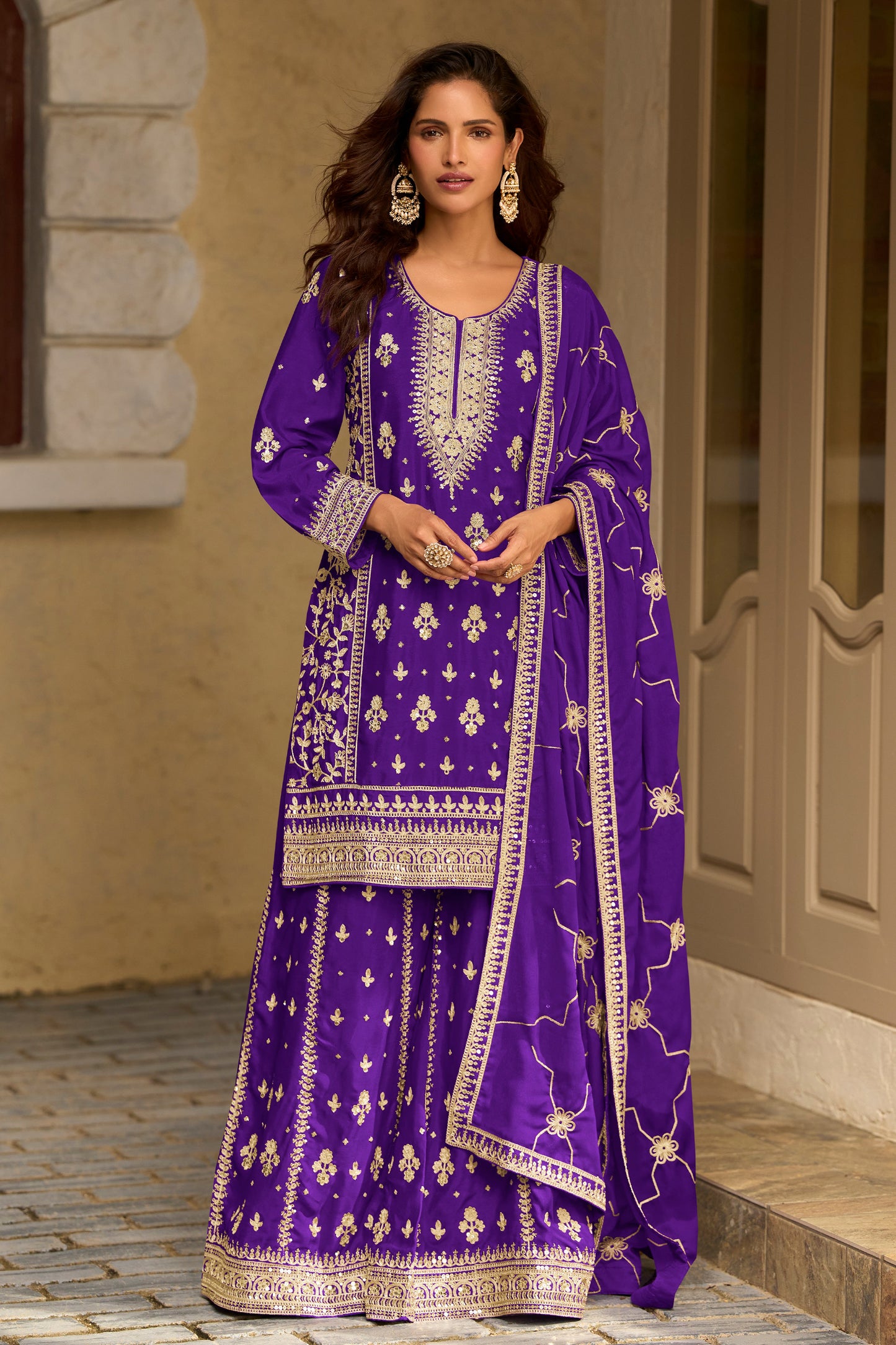 Violet Readymade Embroidered Chinon Silk Suit-SAR13089_1_SareeButa.com