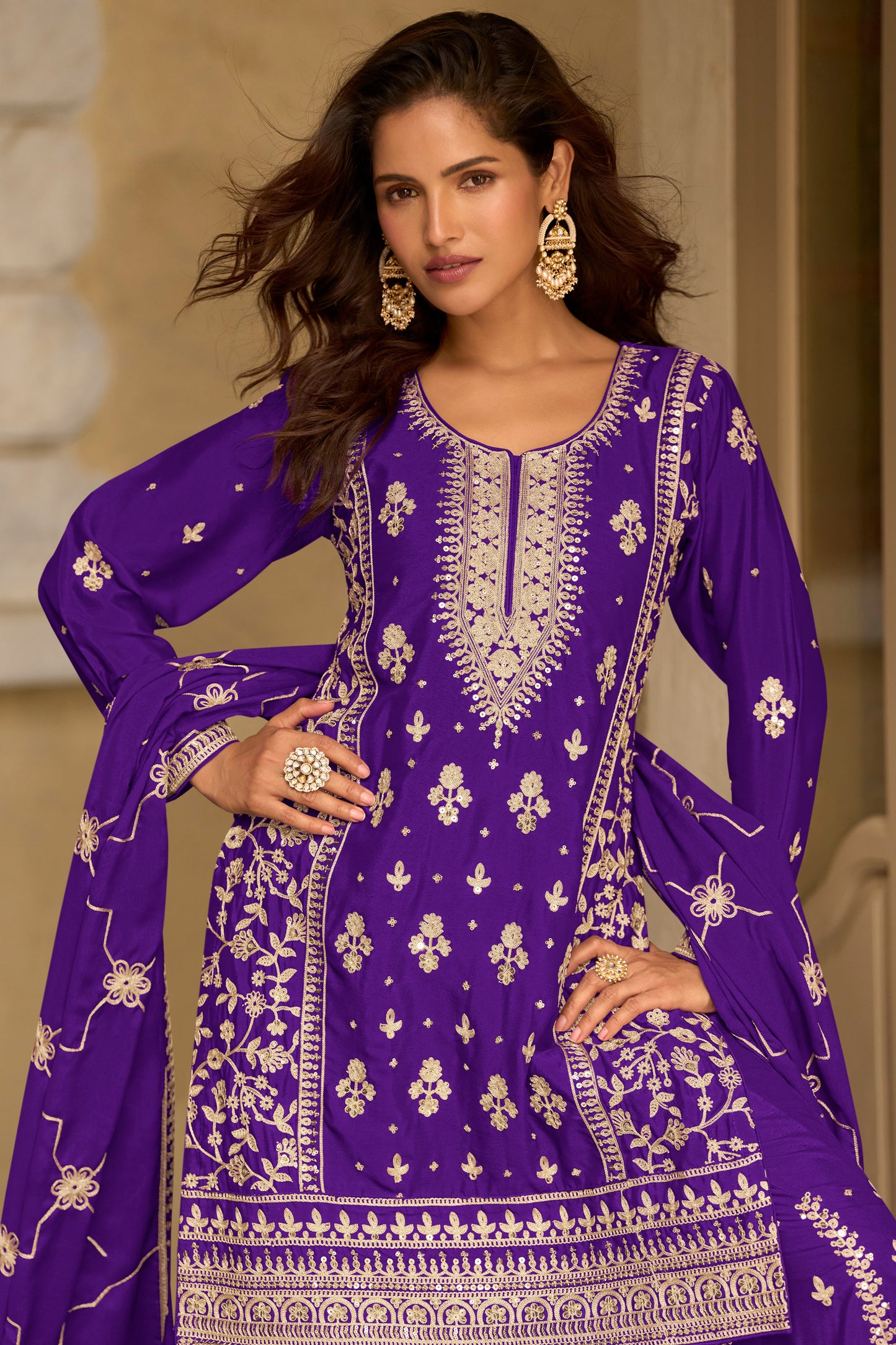 Violet Readymade Embroidered Chinon Silk Suit-SAR13089_2_SareeButa.com