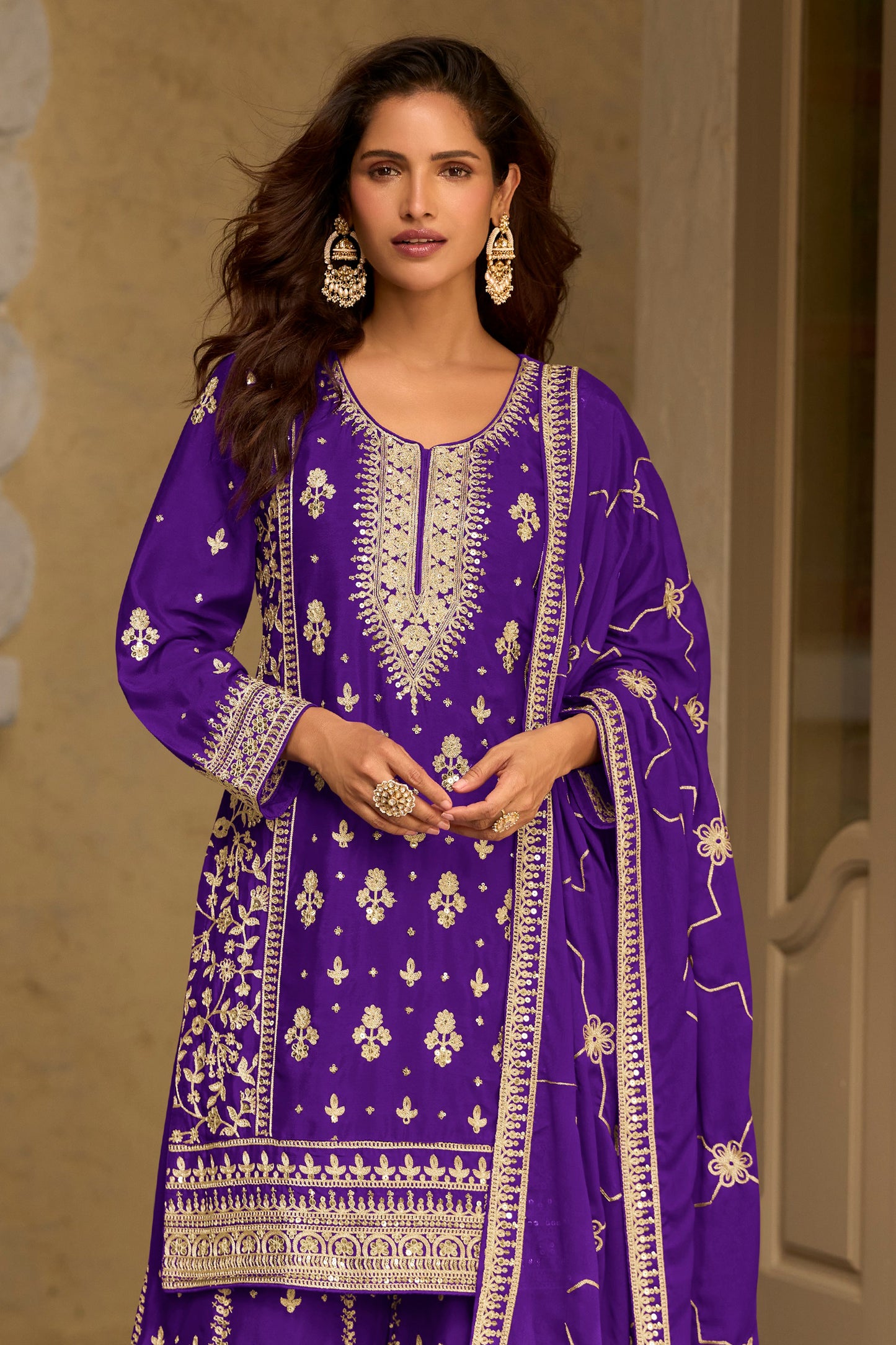 Violet Readymade Embroidered Chinon Silk Suit-SAR13089_3_SareeButa.com