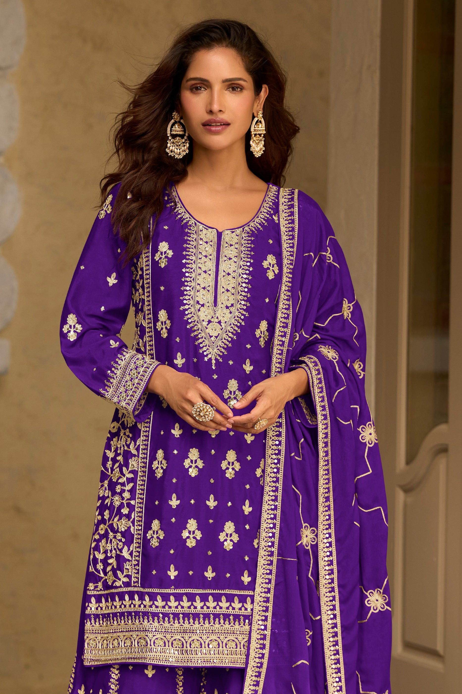 Violet Readymade Embroidered Chinon Silk Suit-SAR13089_3_SareeButa.com