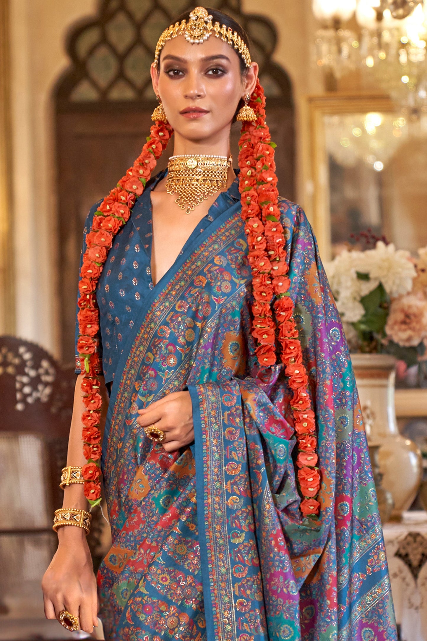 Vivid Blue Printed Viscose Silk Saree-SAR10106_3_SareeButa.com