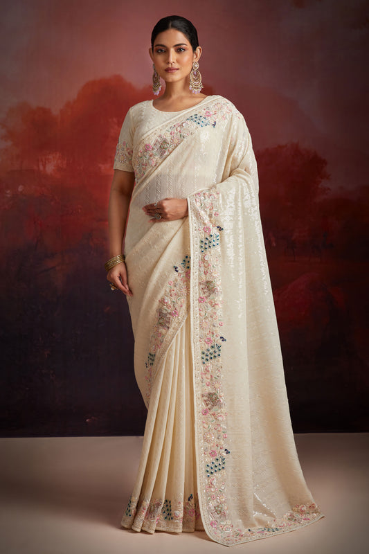 White Embroidered Georgette Saree