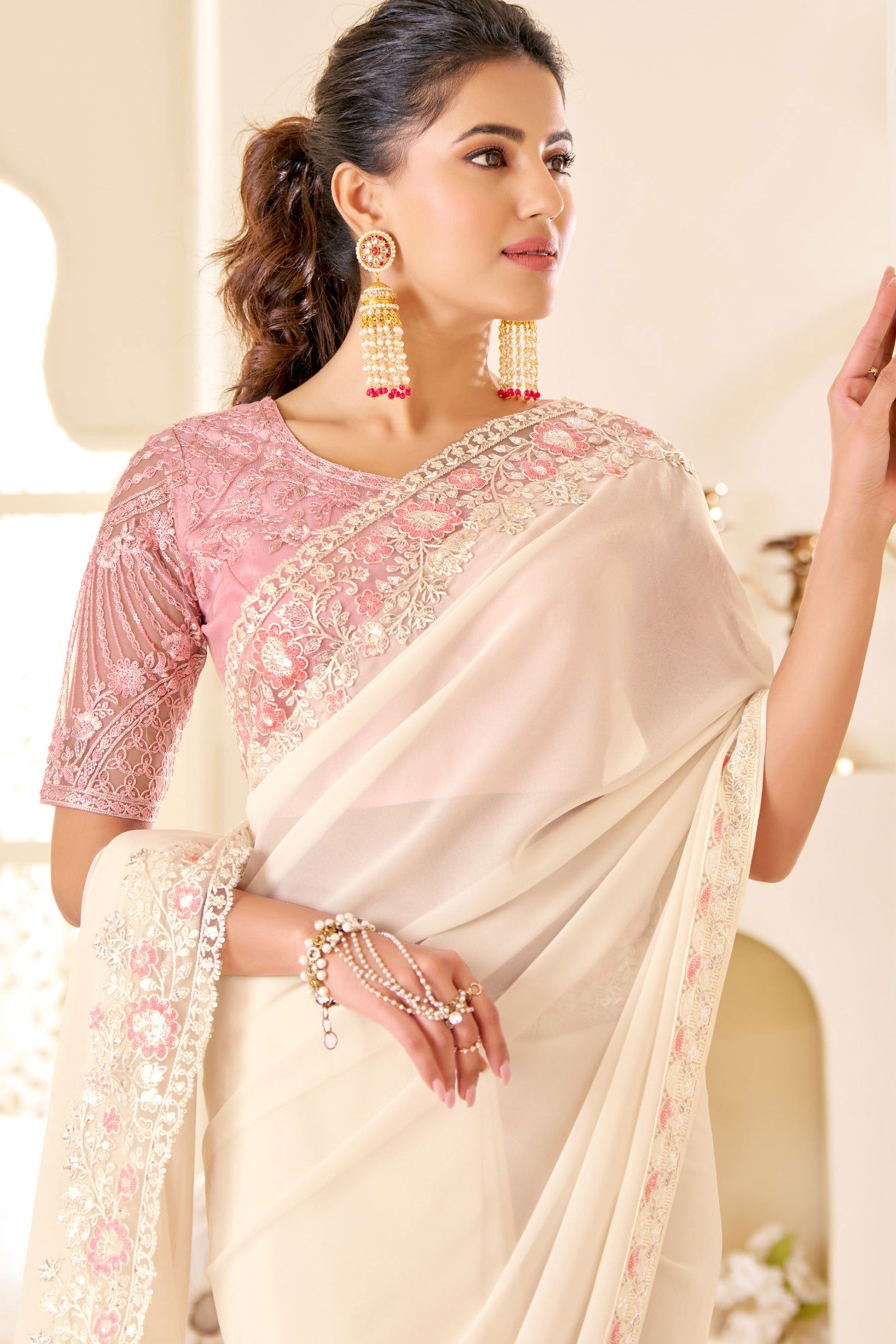 White Embroidered Shimmer Georgette Saree-ZB133550_2_SareeButa.com