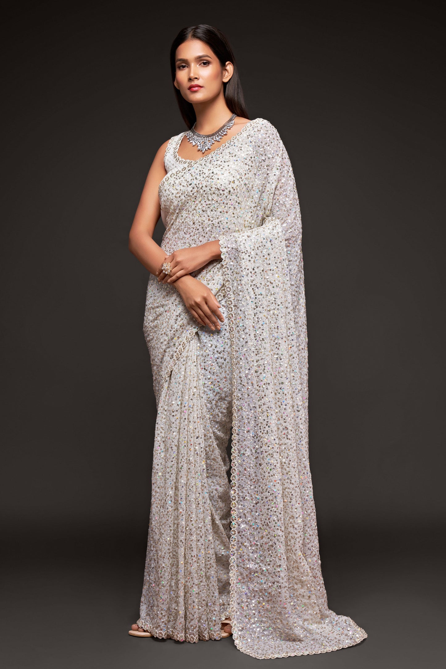 White Georgette Sequin Saree-ZB131763_1