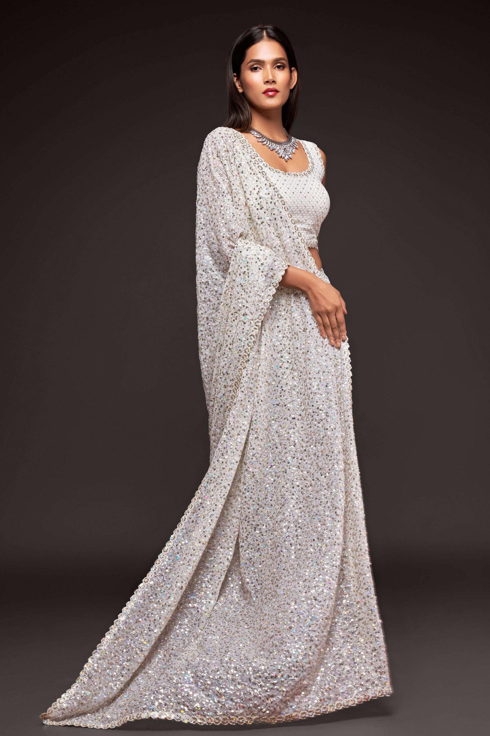 White Georgette Sequin Saree-ZB131763_3