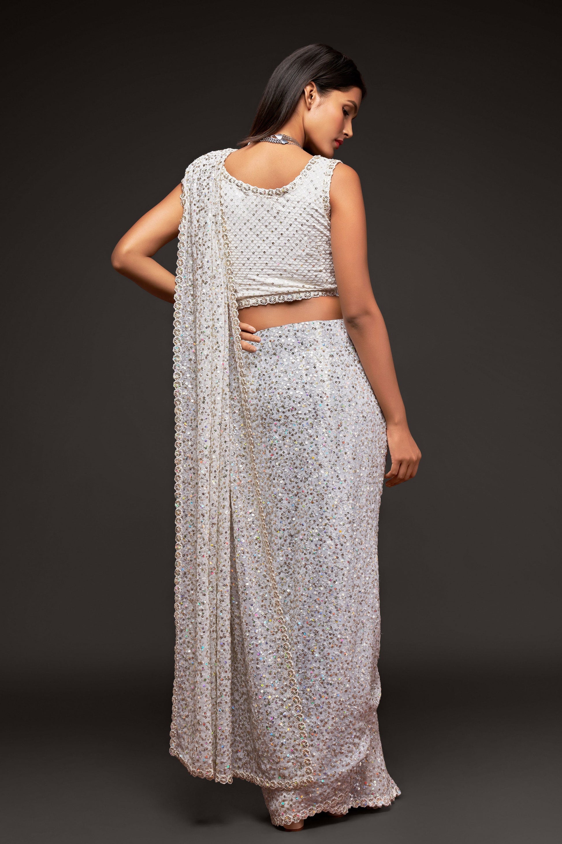 White Georgette Sequin Saree-ZB131763_4