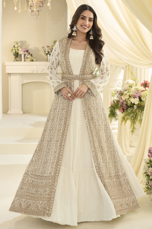 White Readymade Chinon Silk Gown with Jacket-SS1019_1_SareeButa.com