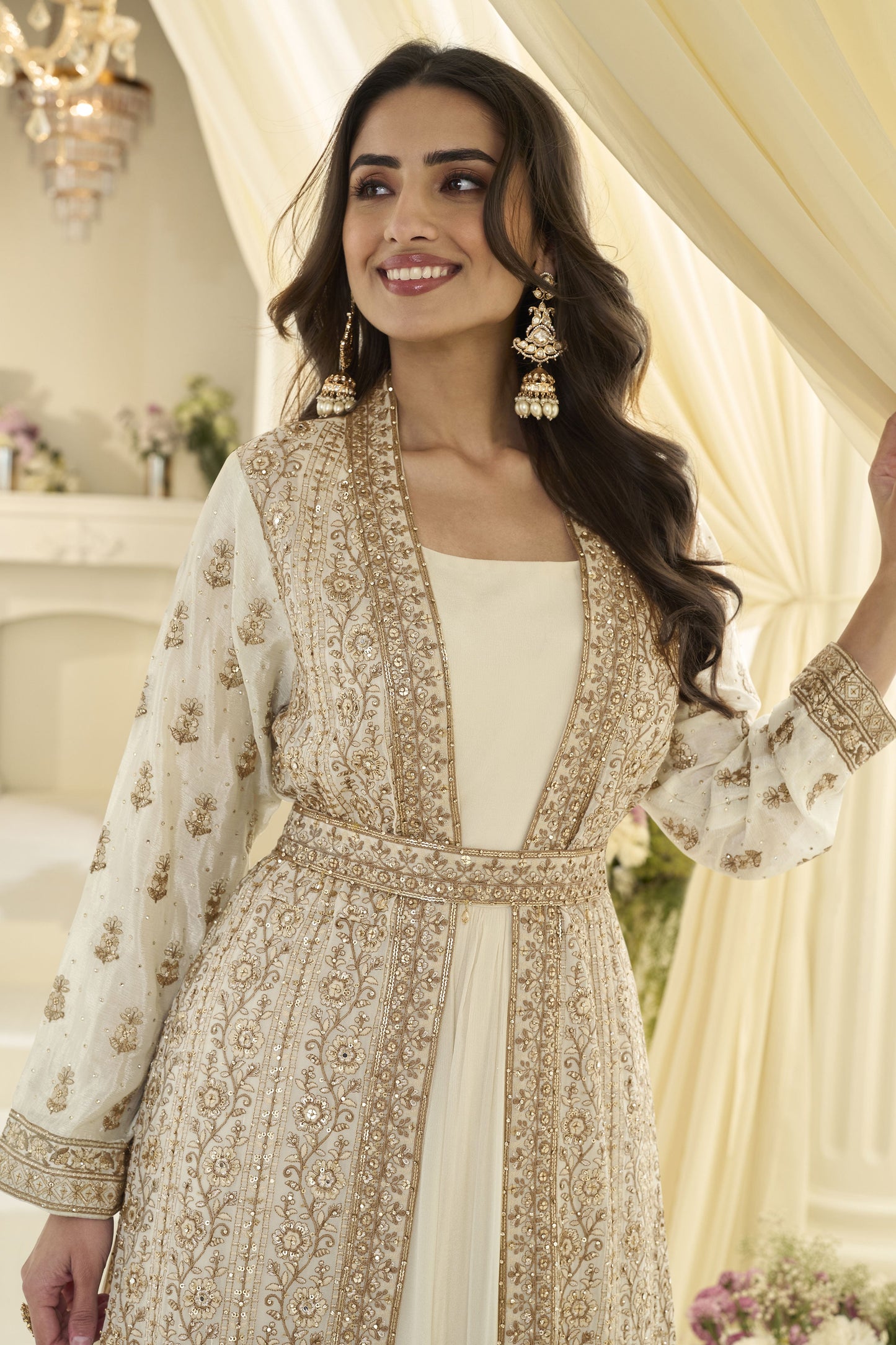 White Readymade Chinon Silk Gown with Jacket-SS1019_3_SareeButa.com