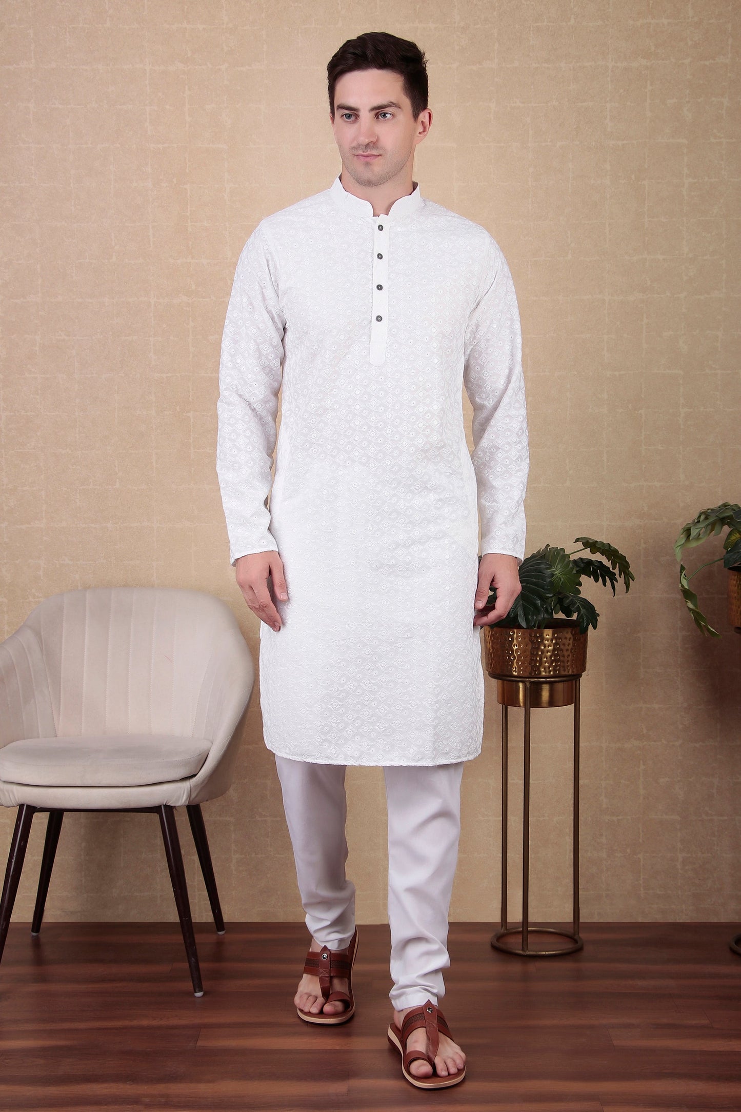 White Embroidered Cotton Kurta Pajama-MW44_1_SareeButa.com
