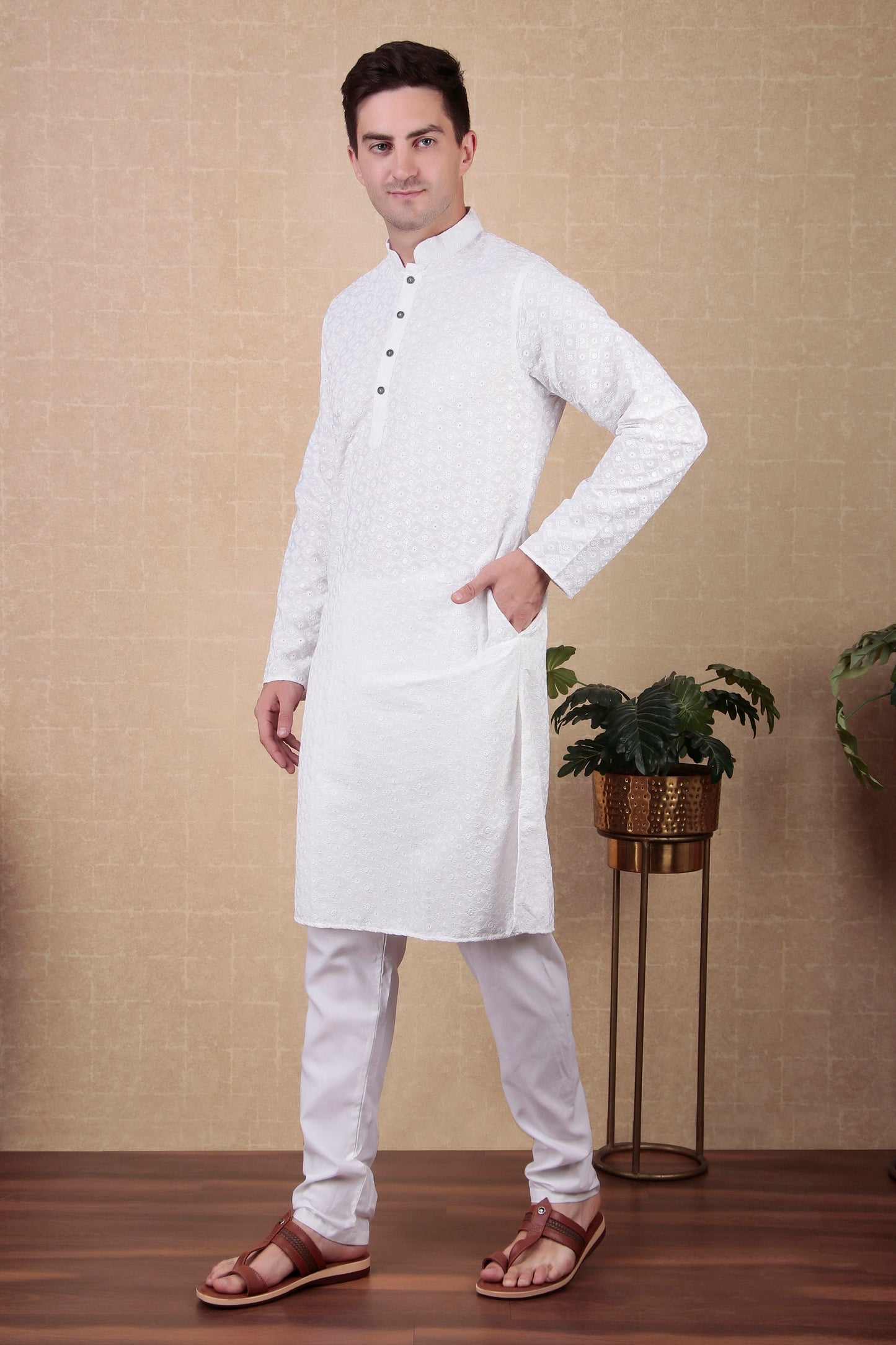 White Embroidered Cotton Kurta Pajama-MW44_2_SareeButa.com