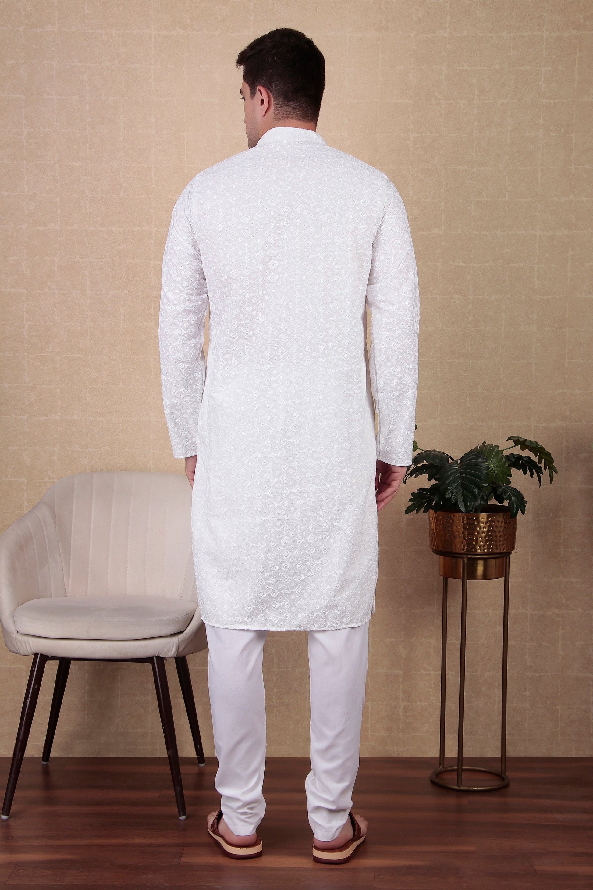 White Embroidered Cotton Kurta Pajama-MW44_3_SareeButa.com