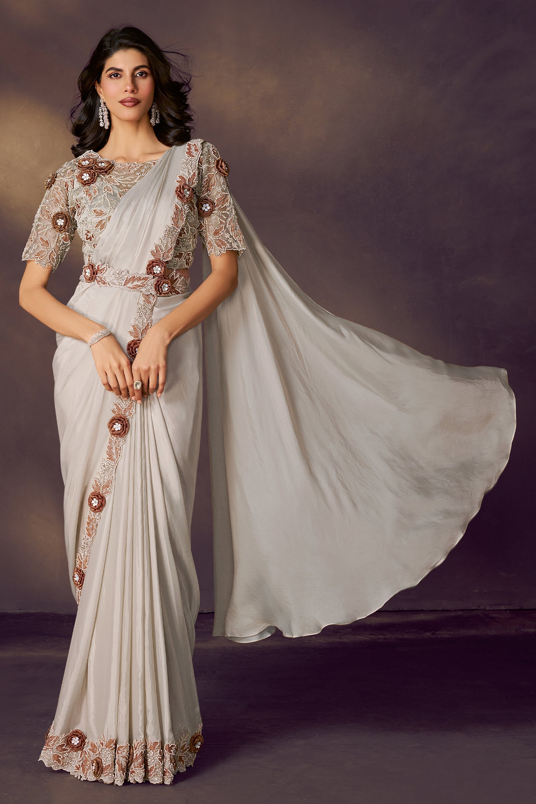 White Embroidered Satin Readymade Saree with Stitched Blouse-SAR10856_1_SareeButa.com