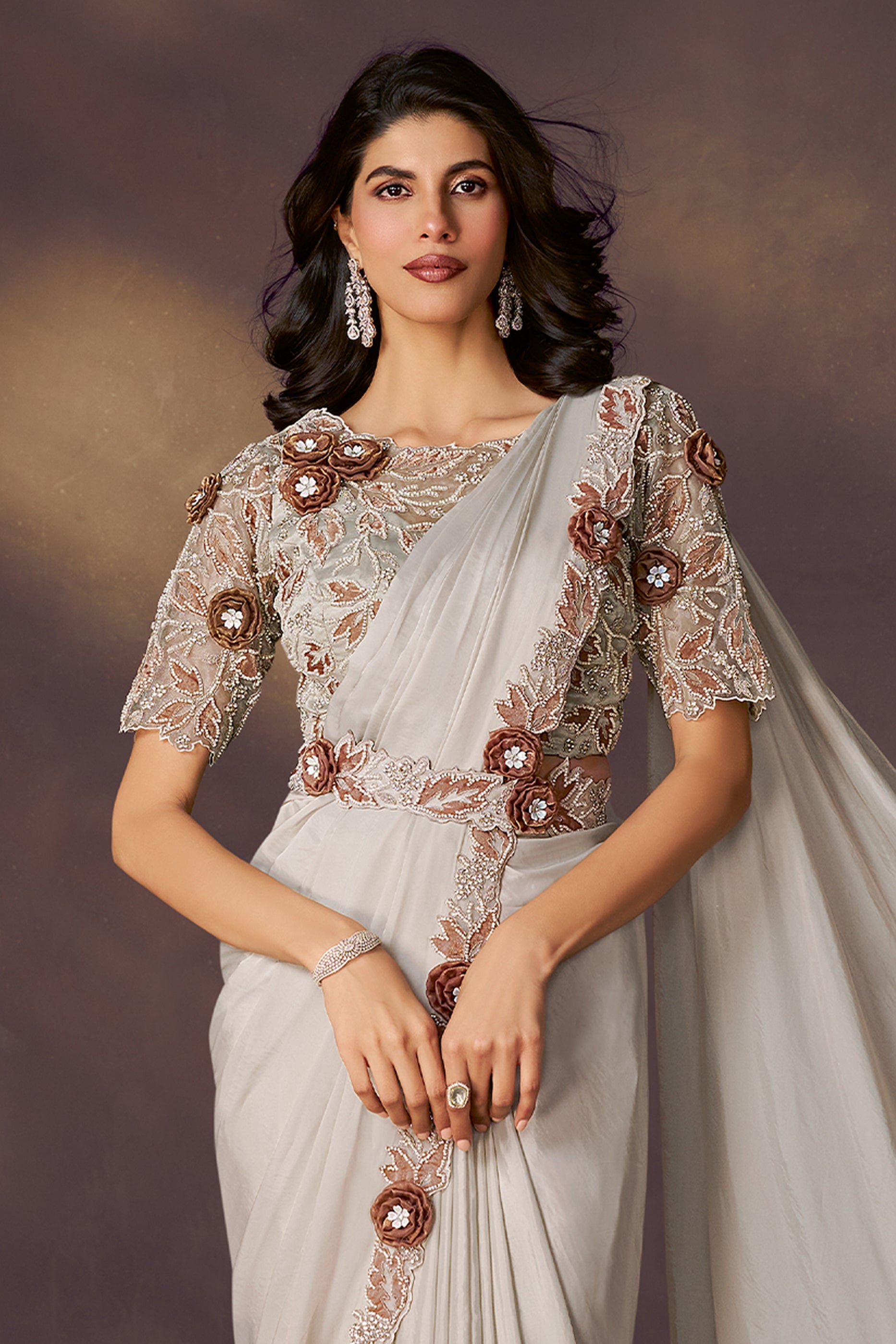 White Embroidered Satin Readymade Saree with Stitched Blouse-SAR10856_3_SareeButa.com