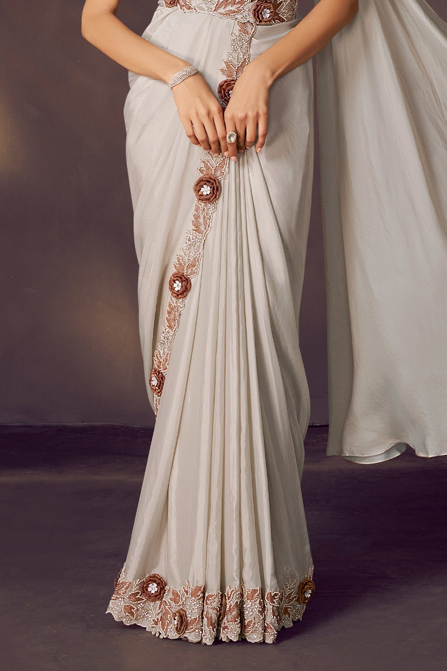 White Embroidered Satin Readymade Saree with Stitched Blouse-SAR10856_4_SareeButa.com