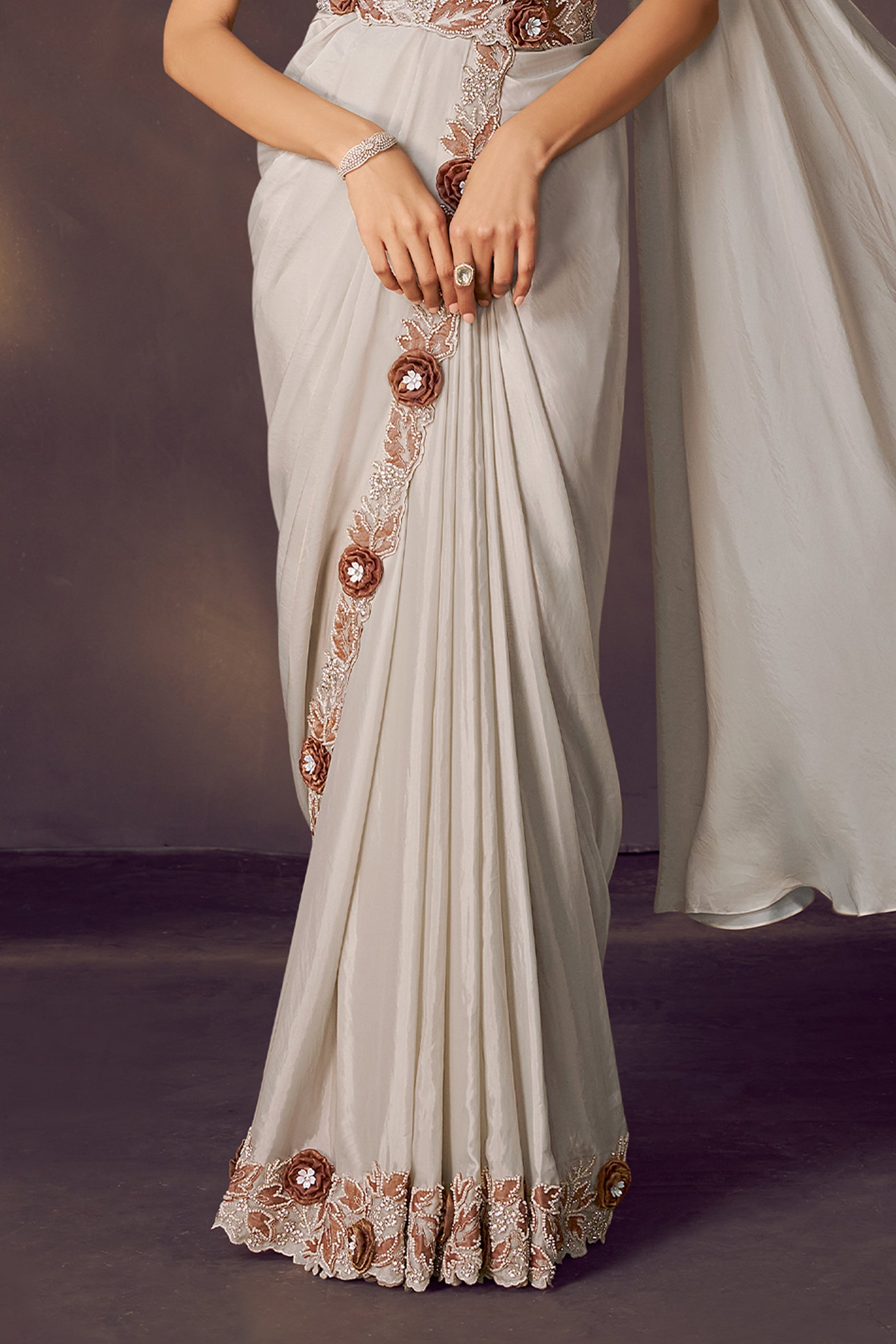 White Embroidered Satin Readymade Saree with Stitched Blouse-SAR10856_4_SareeButa.com