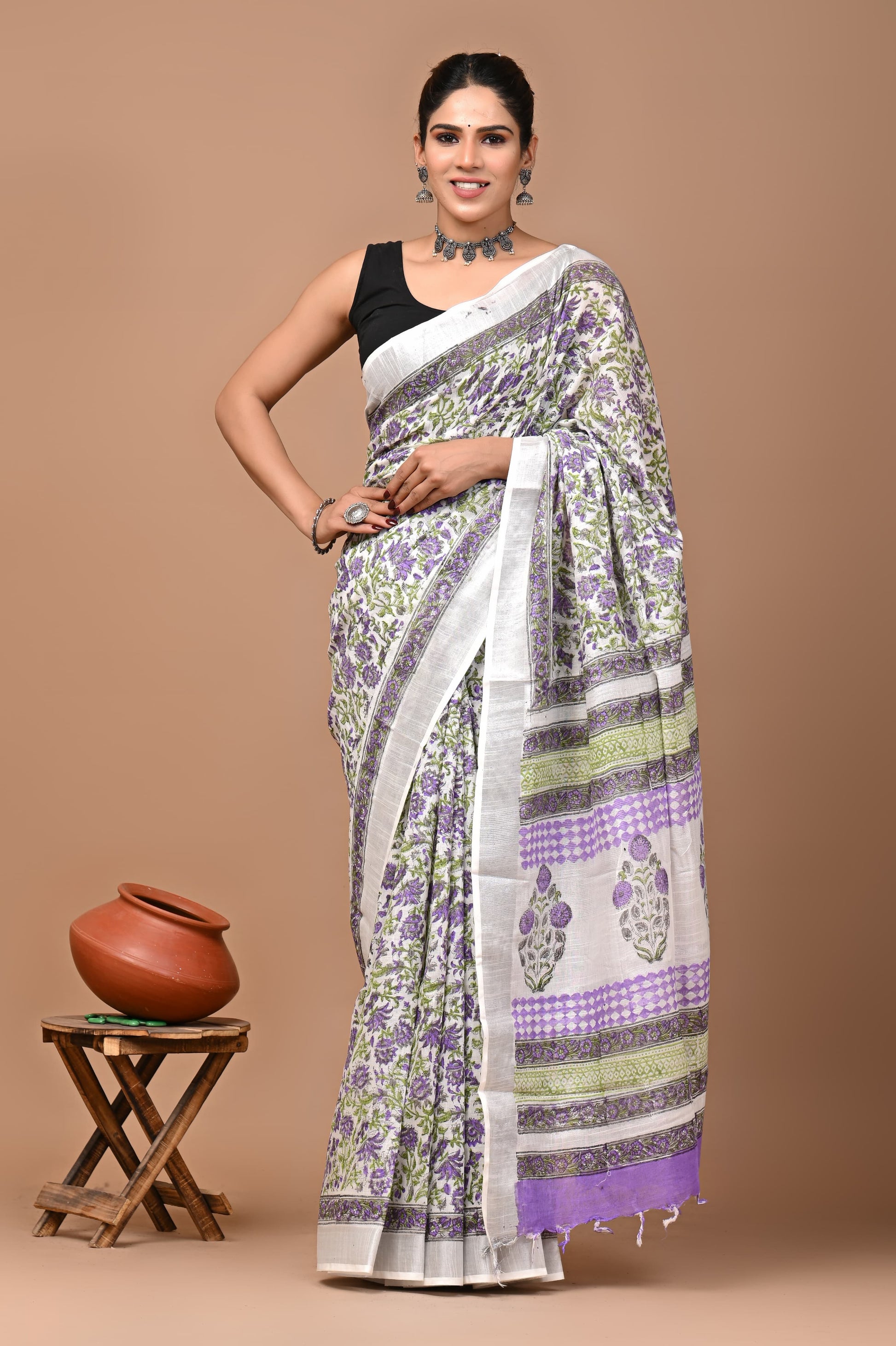 White Handblock Print Cotton Linen Saree-ZB132596_1