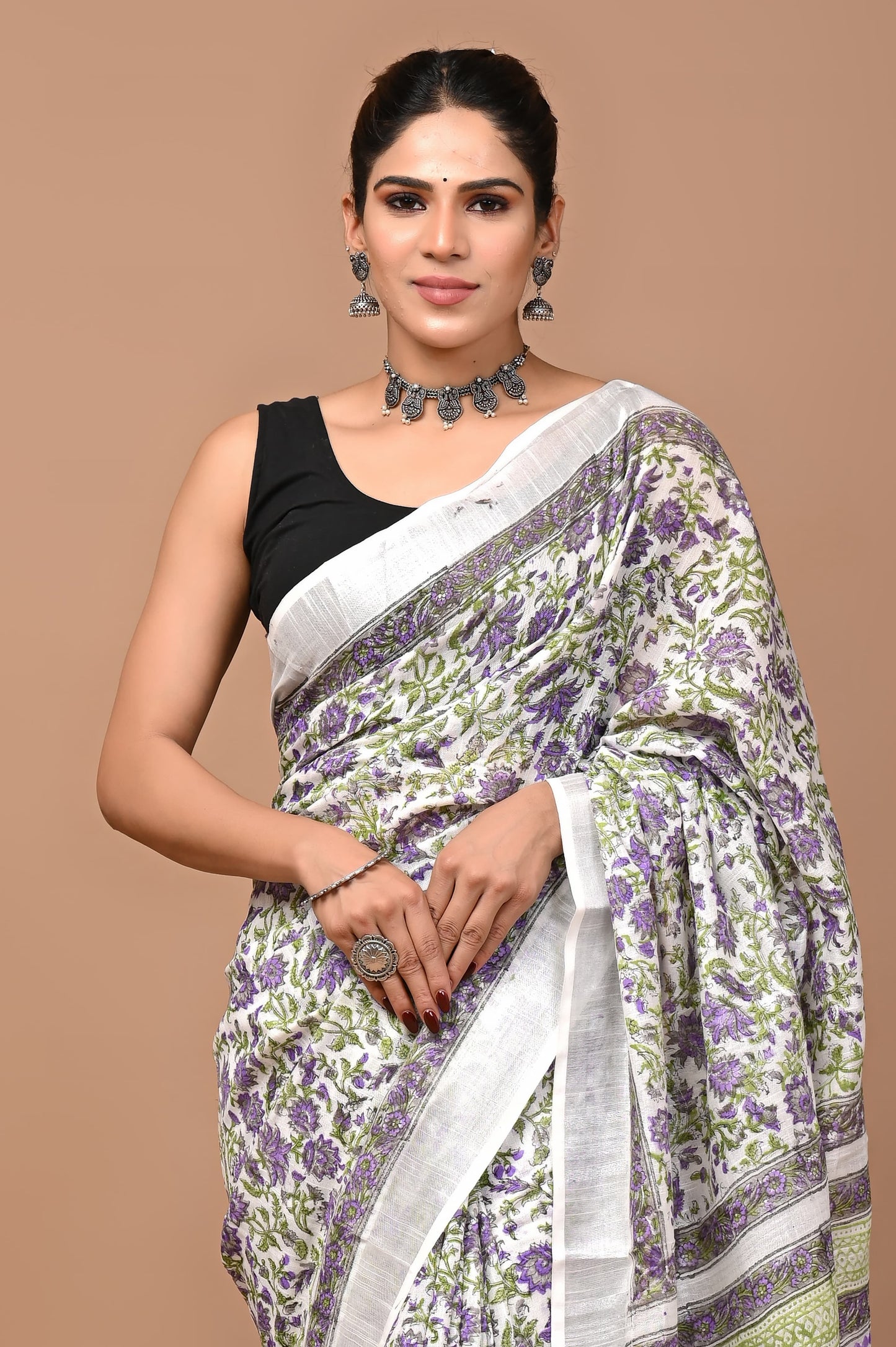 White Handblock Print Cotton Linen Saree-ZB132596_2