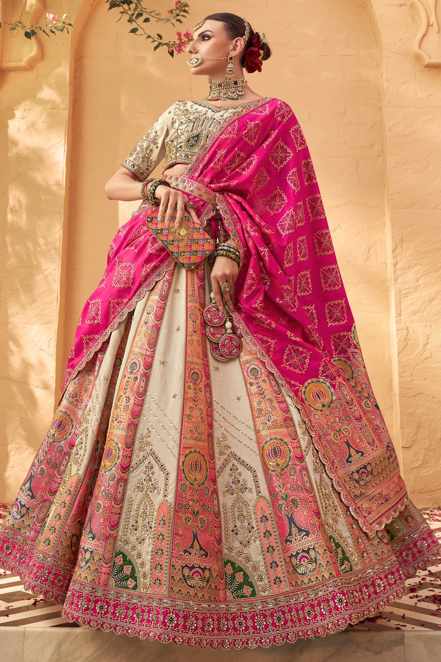White & Pink Semi-Stitched Heavy Work Banarasi Lehenga-SAR10333_1_SareeButa.com