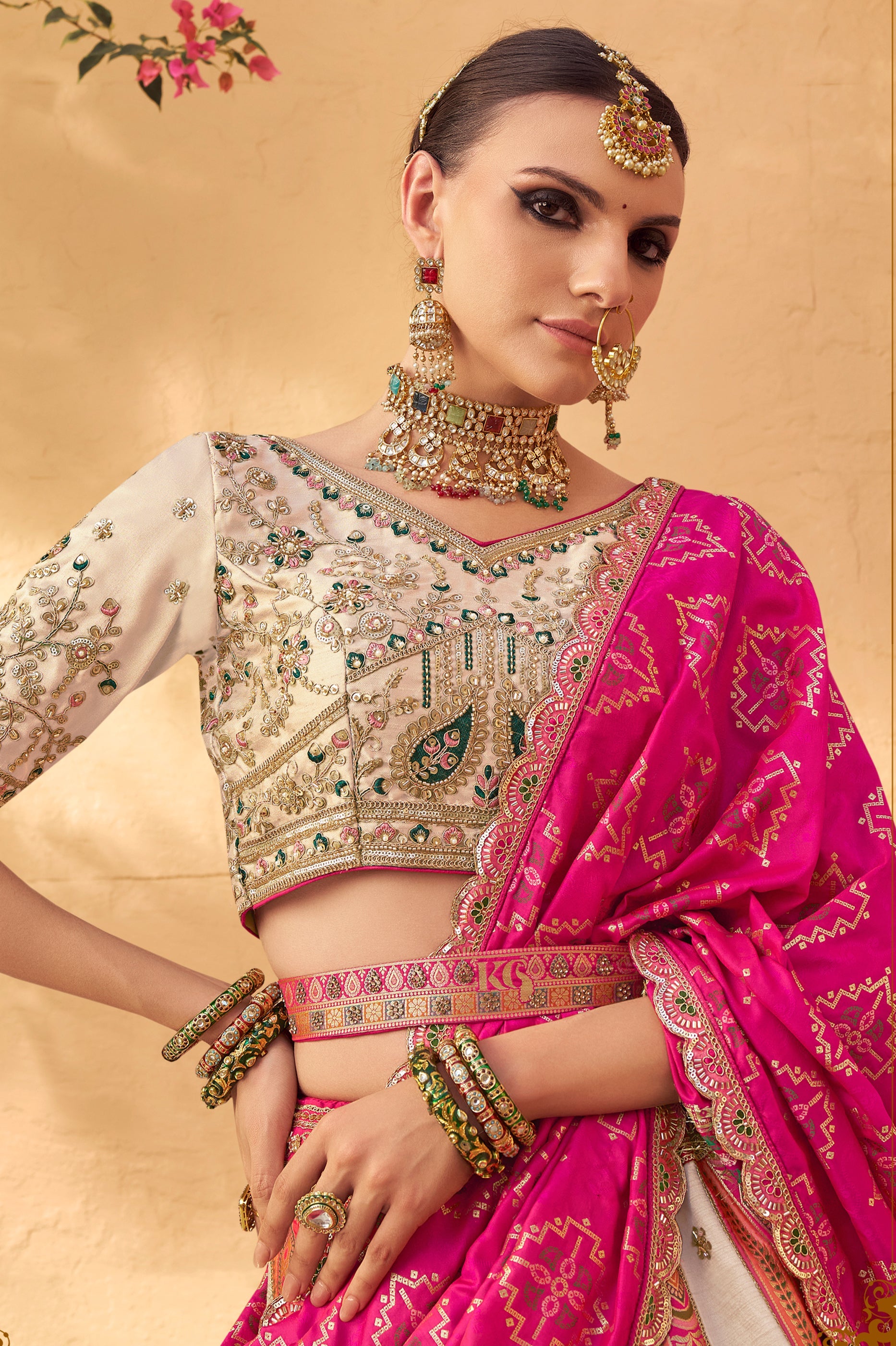 White & Pink Semi-Stitched Heavy Work Banarasi Lehenga-SAR10333_2_SareeButa.com