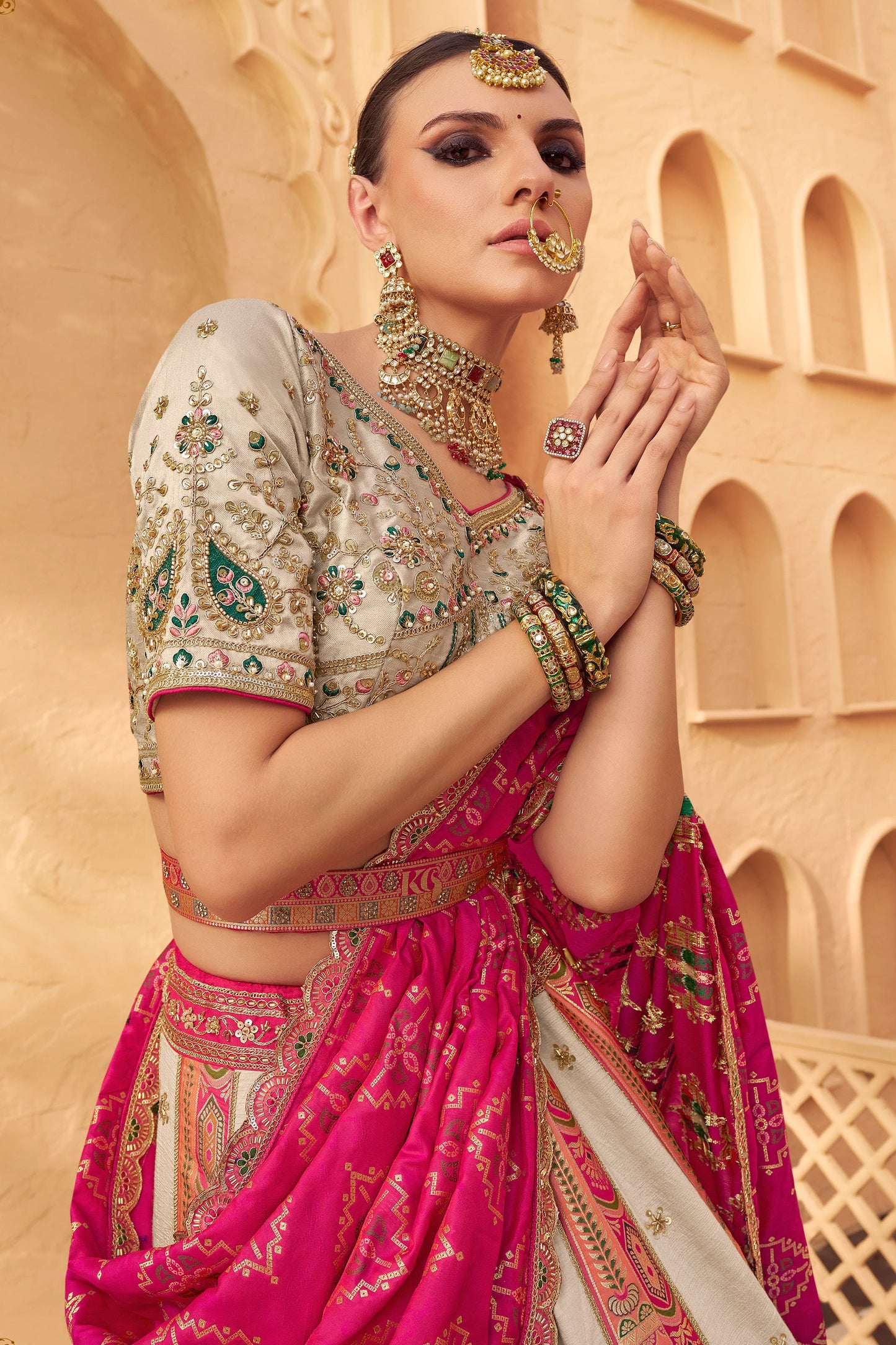 White & Pink Semi-Stitched Heavy Work Banarasi Lehenga-SAR10333_3_SareeButa.com