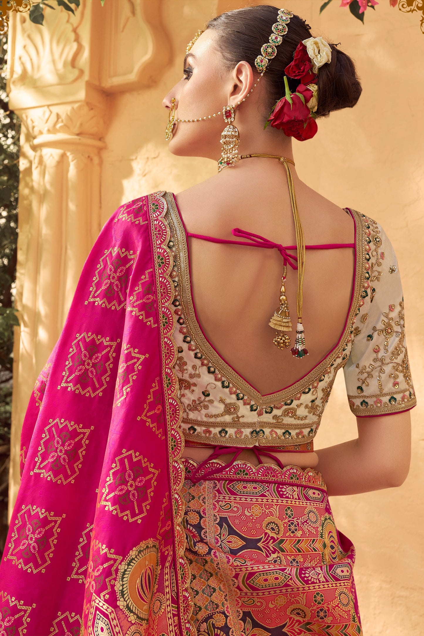 White & Pink Semi-Stitched Heavy Work Banarasi Lehenga-SAR10333_4_SareeButa.com