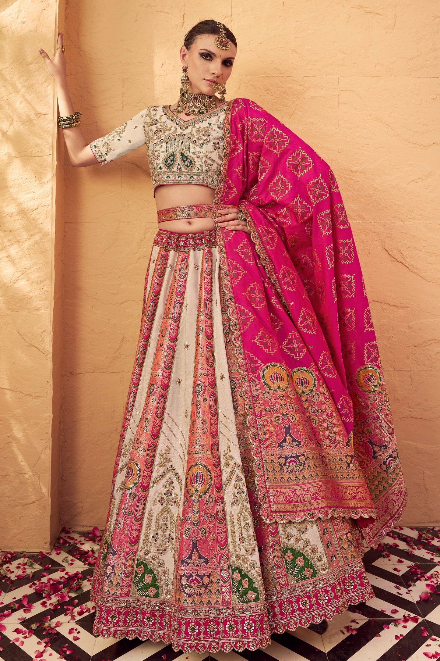 White & Pink Semi-Stitched Heavy Work Banarasi Lehenga-SAR10333_5_SareeButa.com