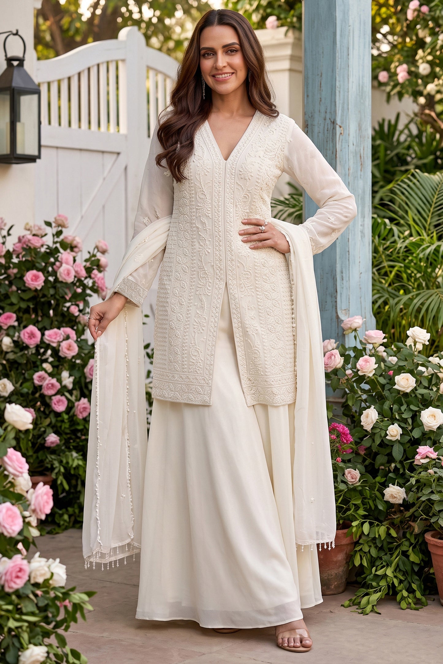 White Readymade Bead Work Chinon Palazzo Suit-SAR12982_1_SareeButa.com