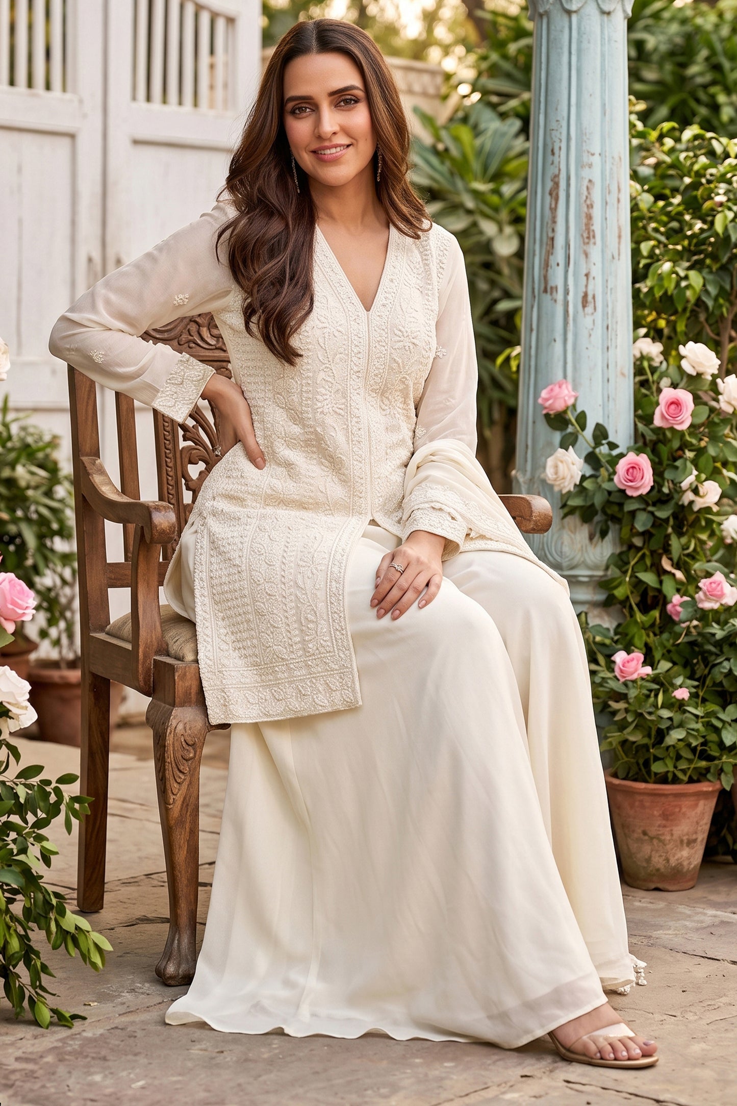 White Readymade Bead Work Chinon Palazzo Suit-SAR12982_2_SareeButa.com