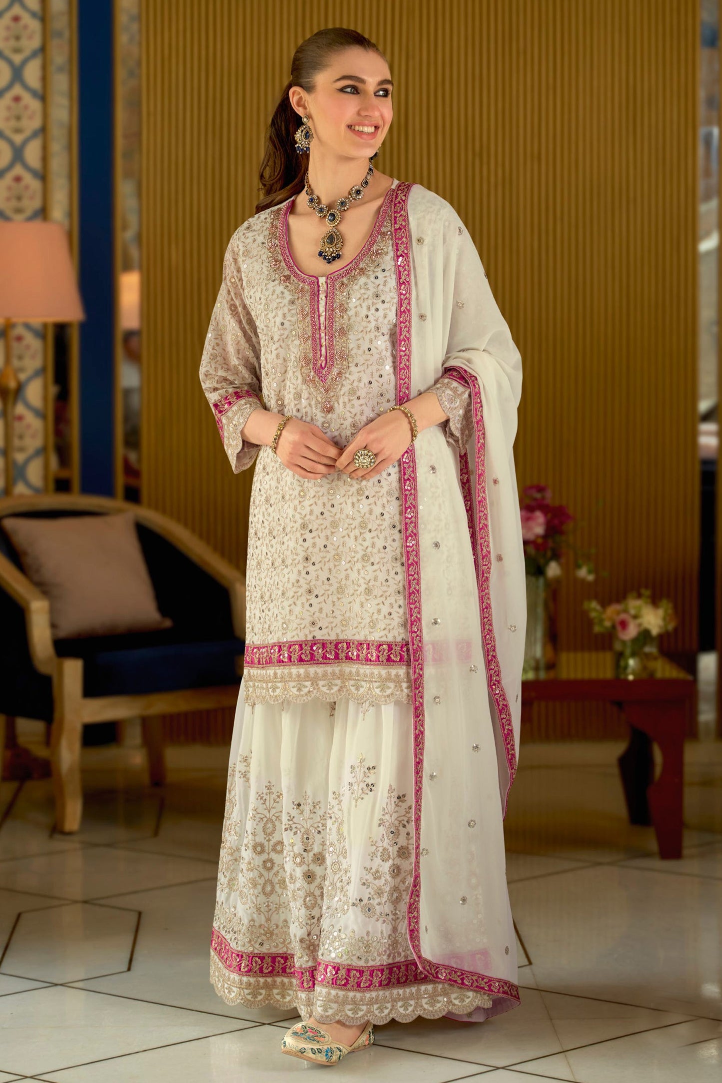 White Readymade Embroidered Geogette Sharara Suit-SAR12058_1_SareeButa.com
