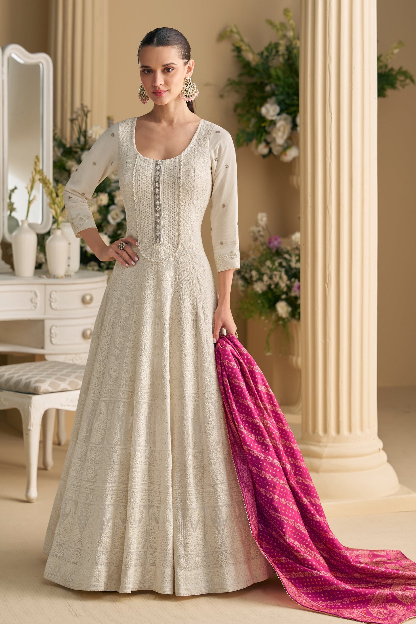 White Readymade Georgette Gown With Dupatta-SAR11541_1_SareeButa.com
