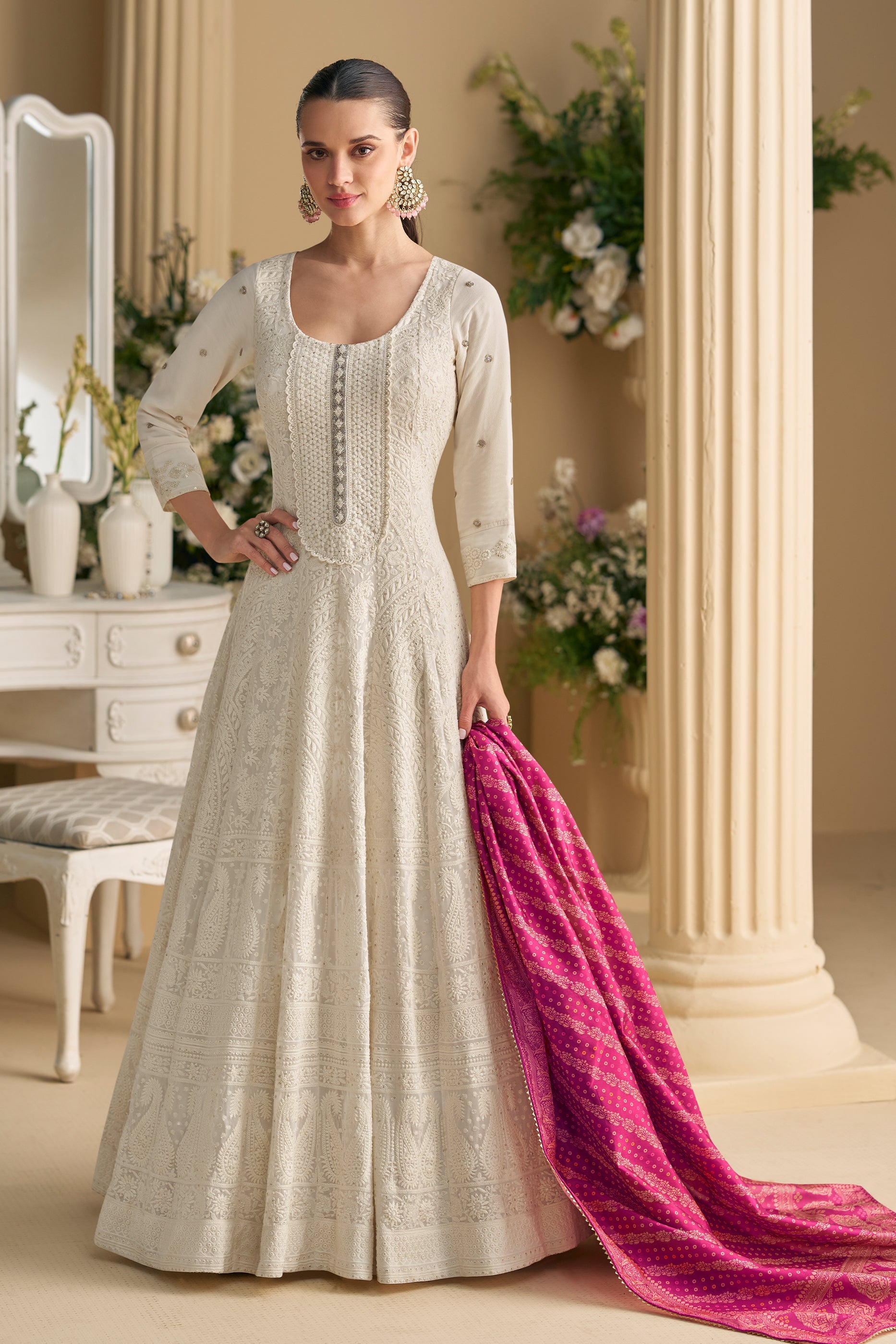 White Readymade Georgette Gown With Dupatta-SAR11541_1_SareeButa.com