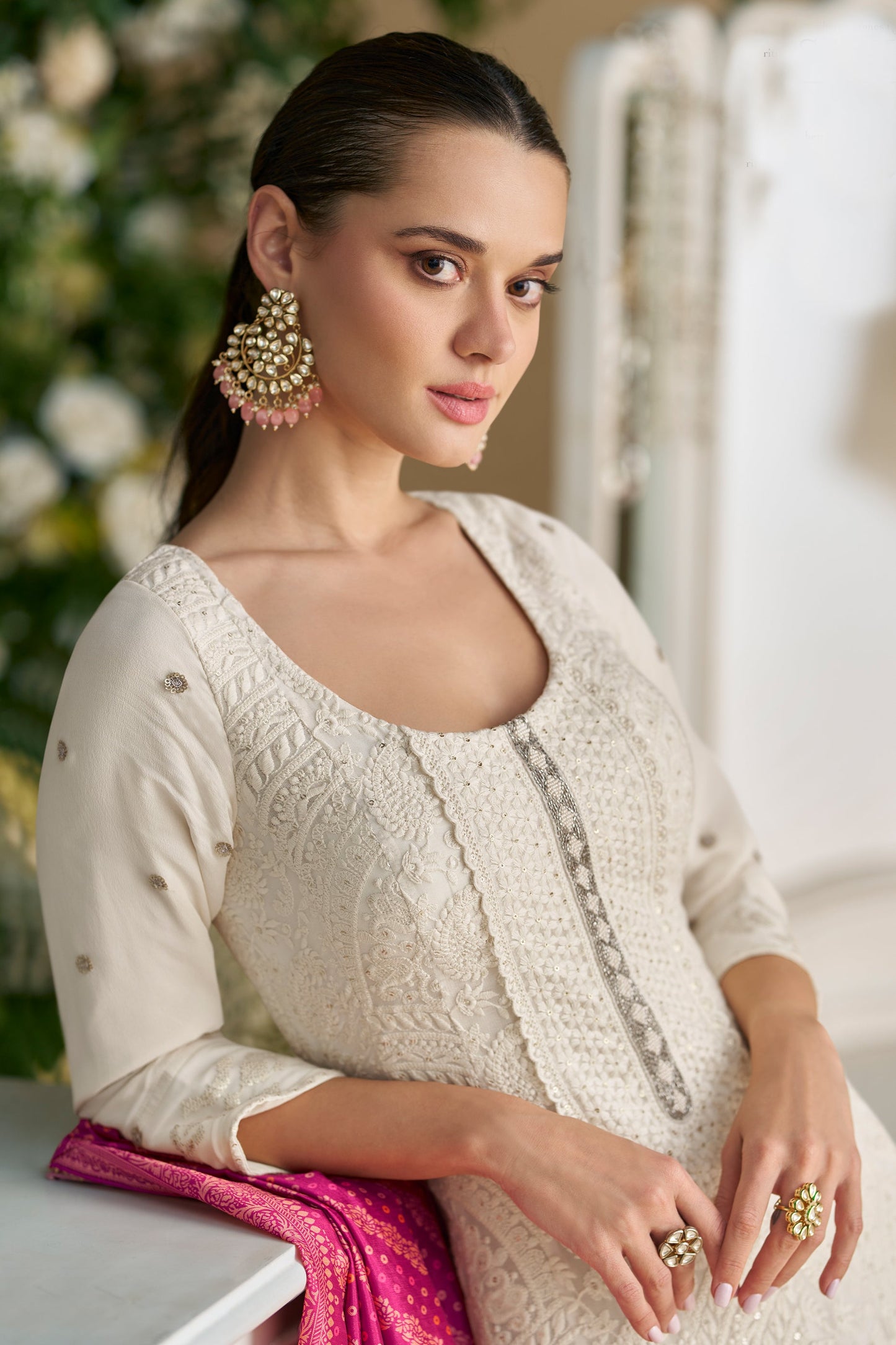 White Readymade Georgette Gown With Dupatta-SAR11541_3_SareeButa.com