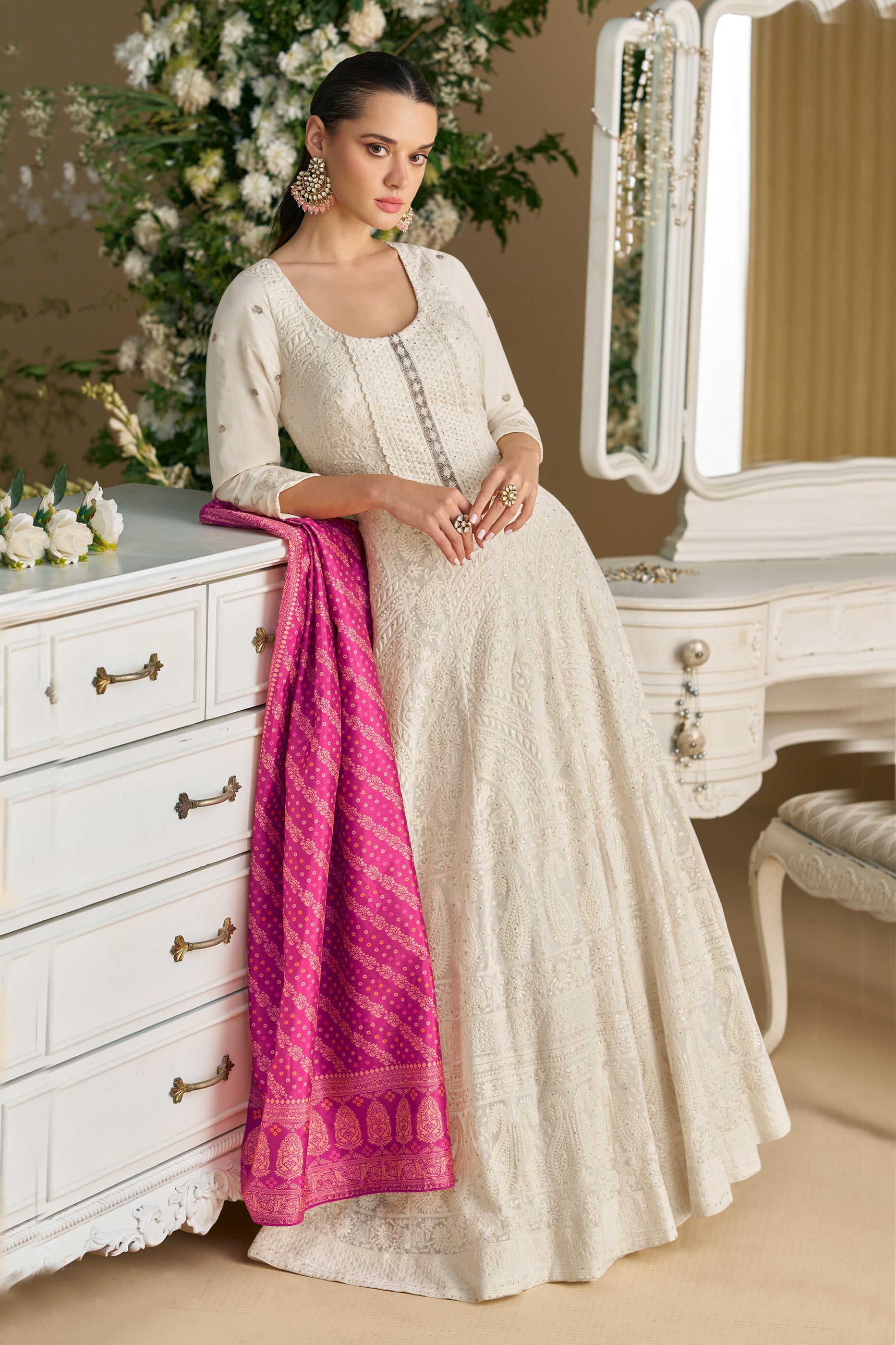 White Readymade Georgette Gown With Dupatta-SAR11541_4_SareeButa.com