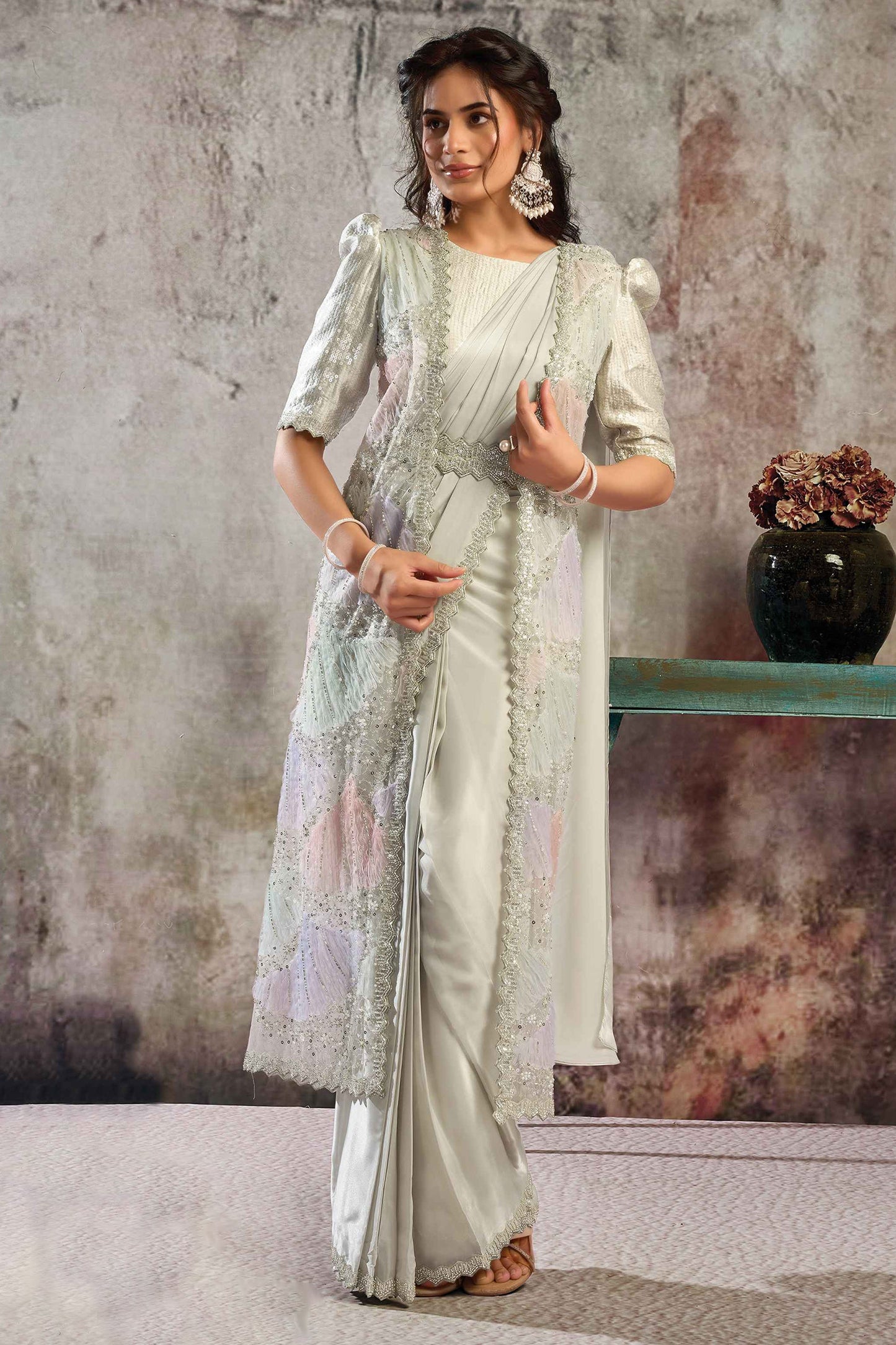 White Satin Silk Readymade Saree with Stitched Blouse-SAR12099_1_SareeButa.com