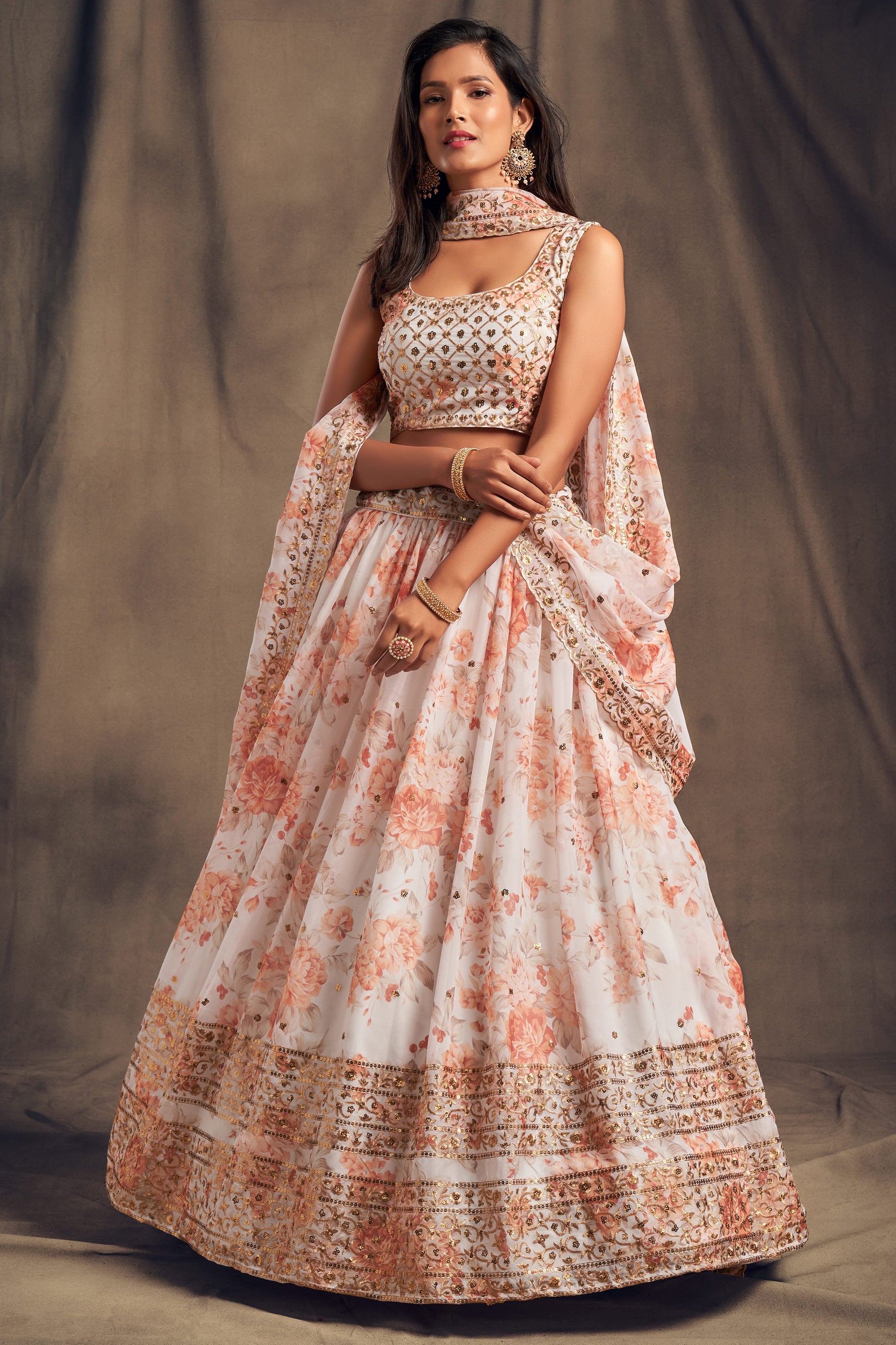 White Semi-Stitched Embroidered Organza Lehenga-LC151_1_SareeButa.com