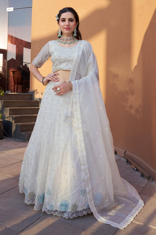 White Semi-Stitched Embroidered Organza Lehenga-SAR10723_1_SareeButa.com