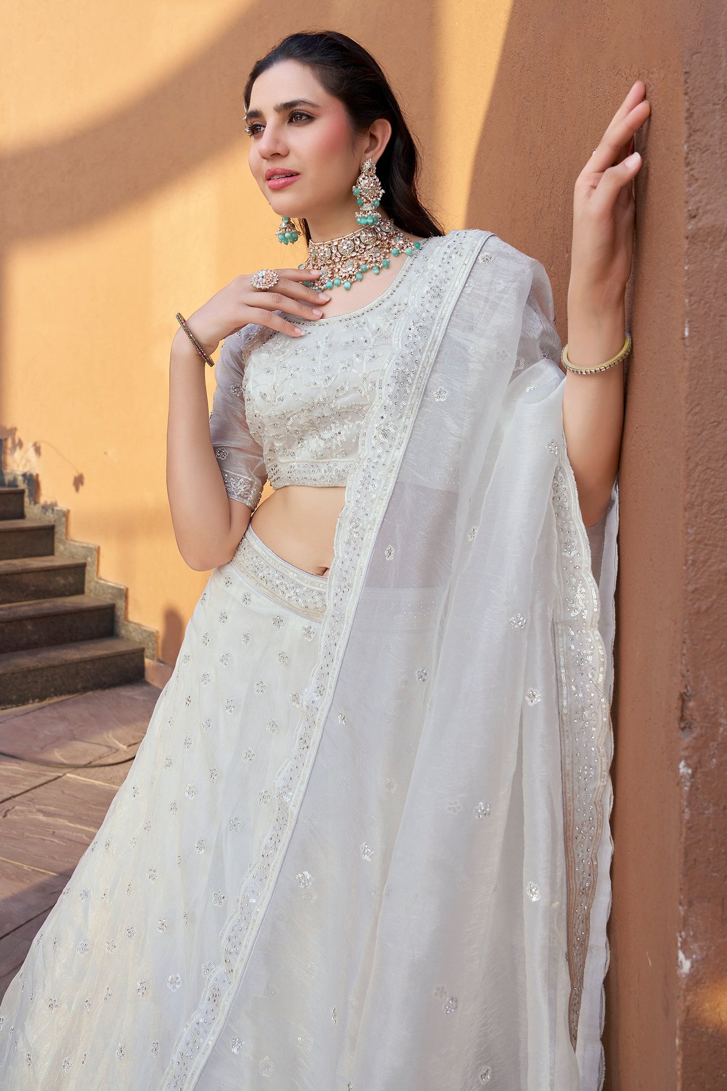 White Semi-Stitched Embroidered Organza Lehenga-SAR10723_2_SareeButa.com
