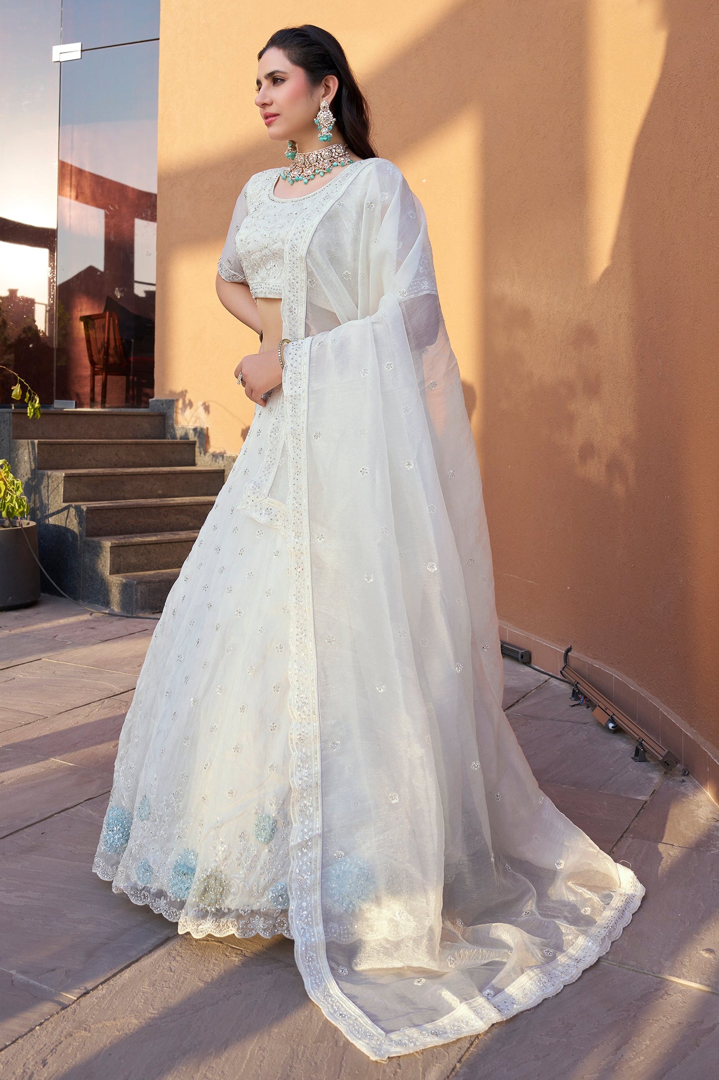 White Semi-Stitched Embroidered Organza Lehenga-SAR10723_3_SareeButa.com