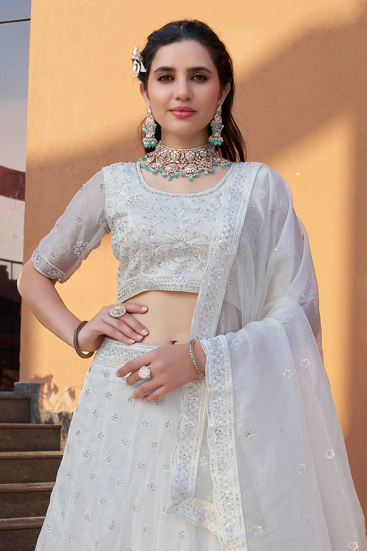 White Semi-Stitched Embroidered Organza Lehenga-SAR10723_5_SareeButa.com