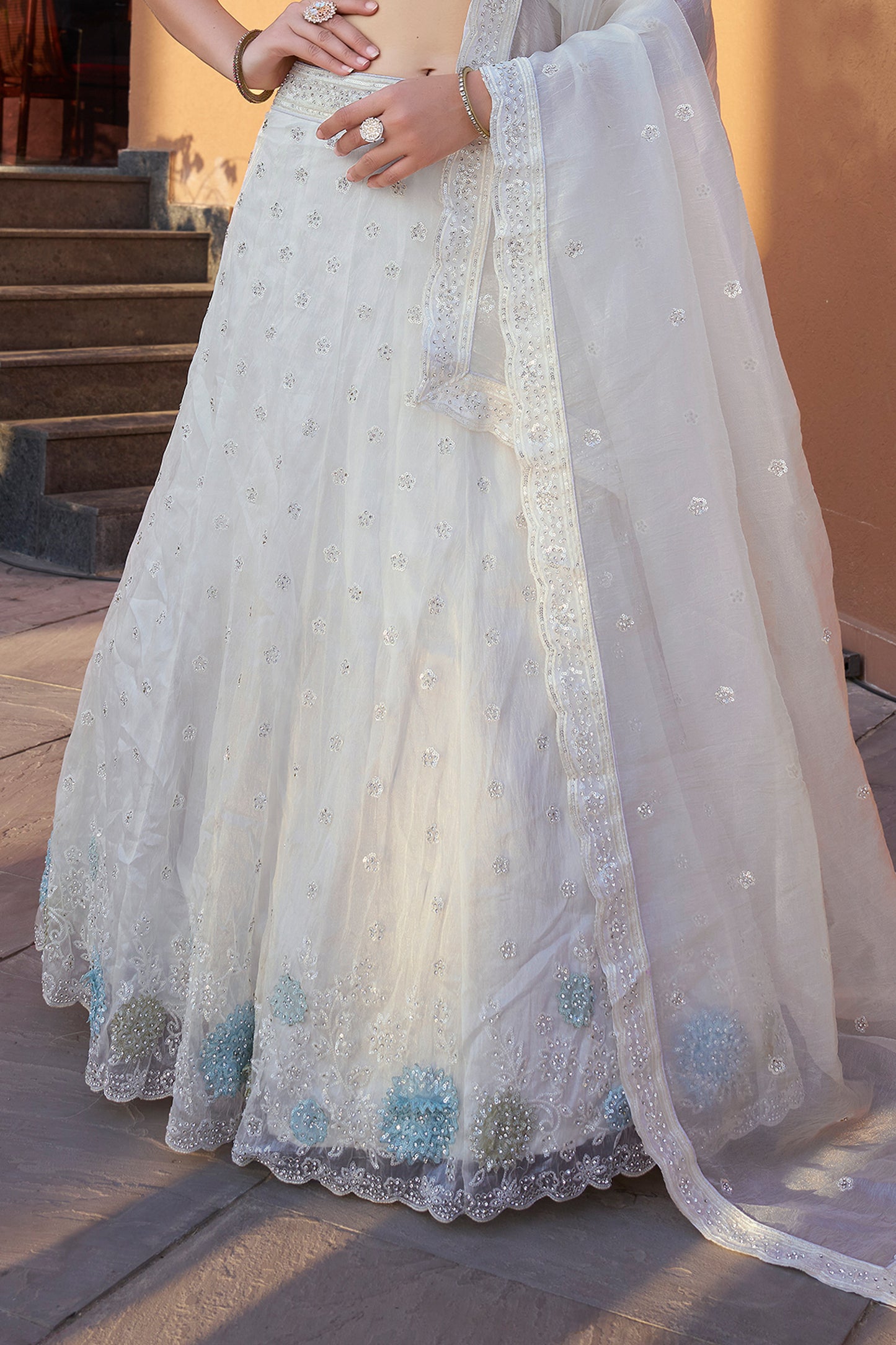 White Semi-Stitched Embroidered Organza Lehenga