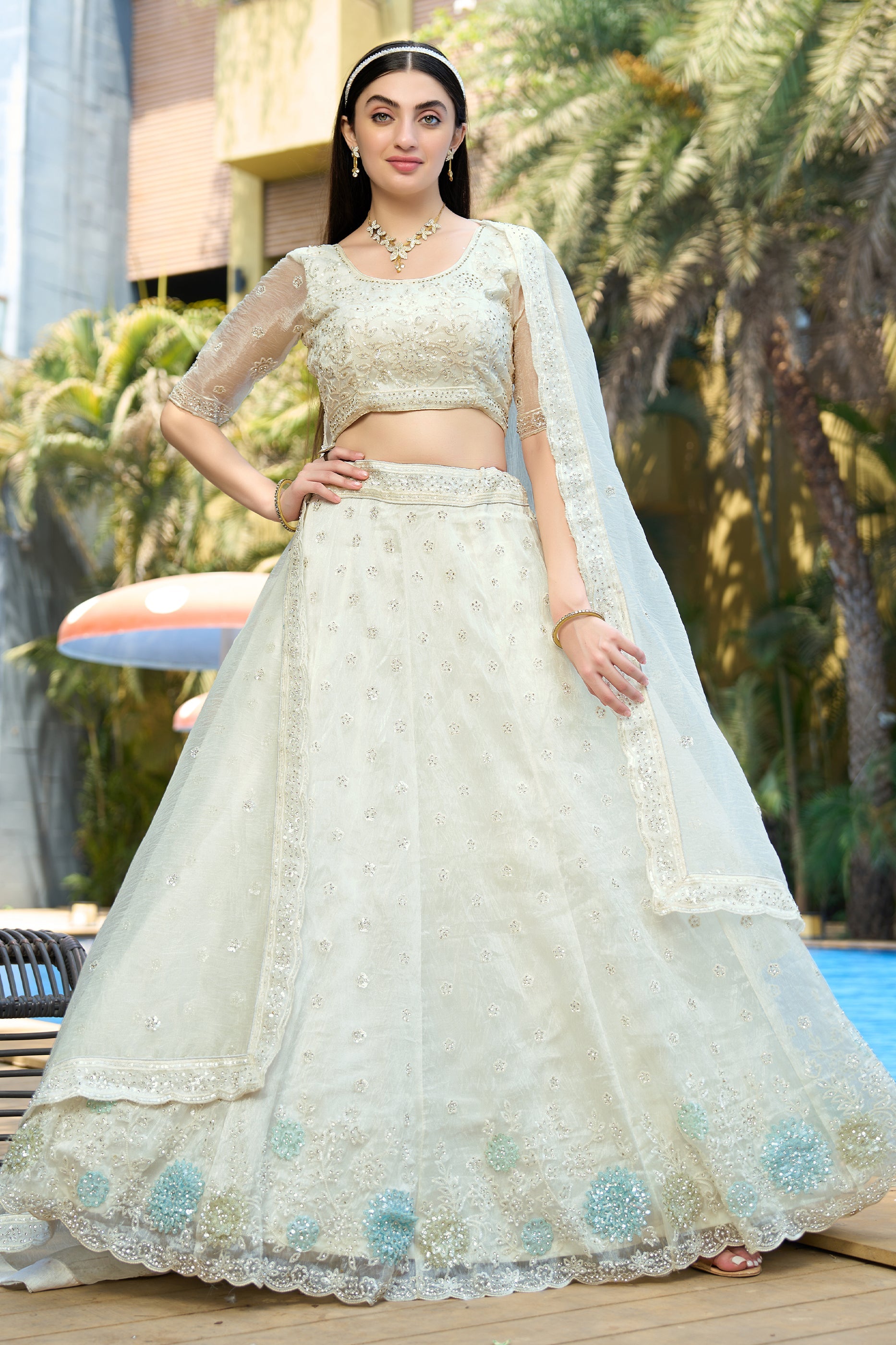 White Semi-Stitched Embroidered Organza Lehenga-SAR10726_1_SareeButa.com
