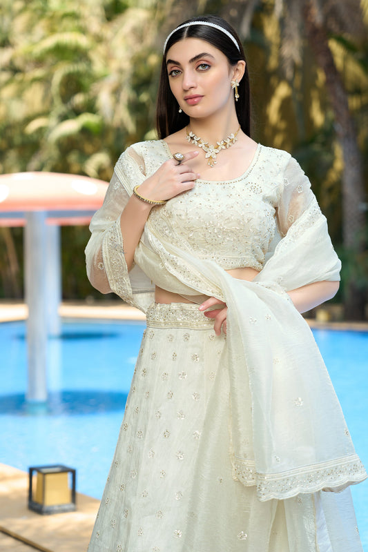White Semi-Stitched Embroidered Organza Lehenga-SAR10726_2_SareeButa.com