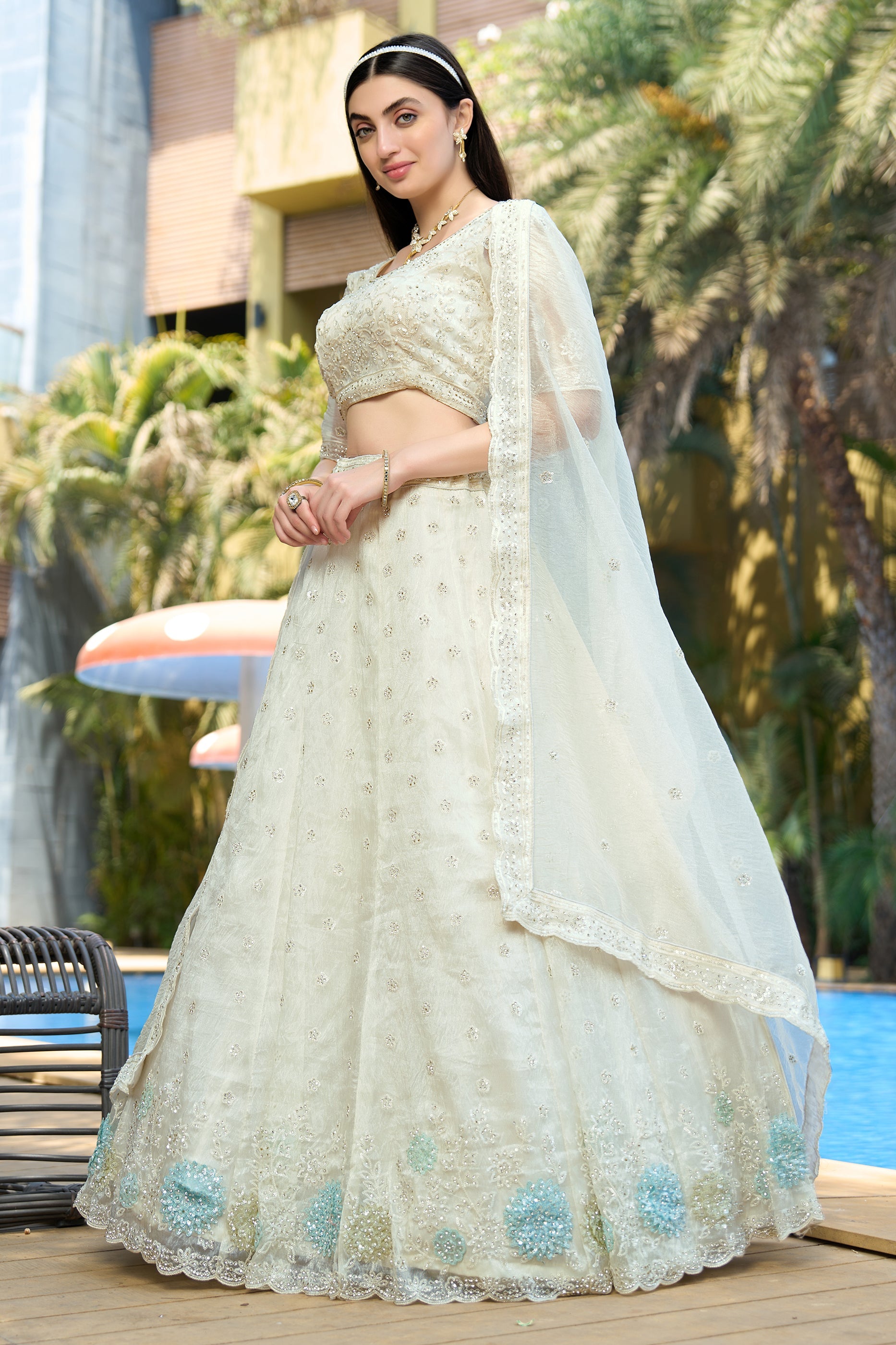 White Semi-Stitched Embroidered Organza Lehenga-SAR10726_3_SareeButa.com