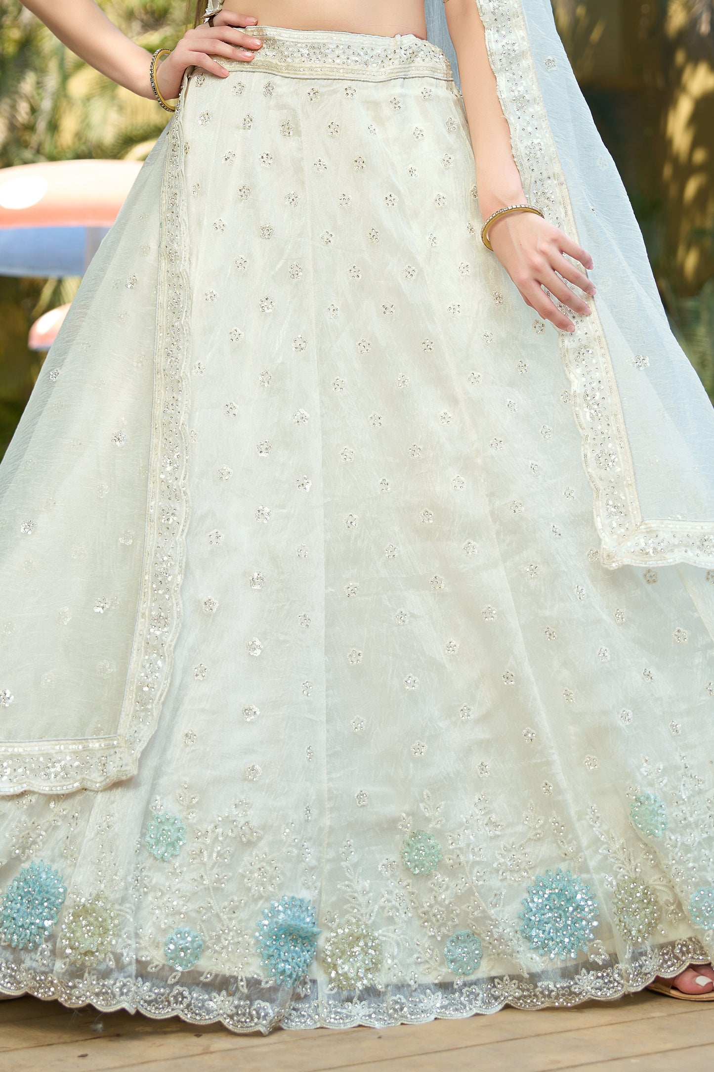White Semi-Stitched Embroidered Organza Lehenga