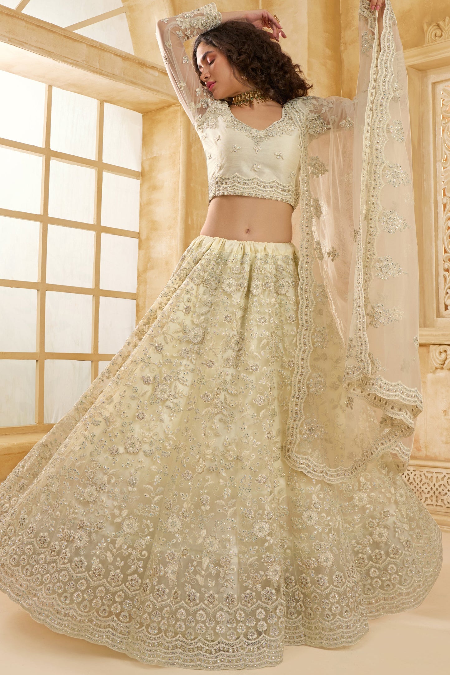 White Semi Stitched Embroidered Net Lehenga-LC13_1_SareeButa.com