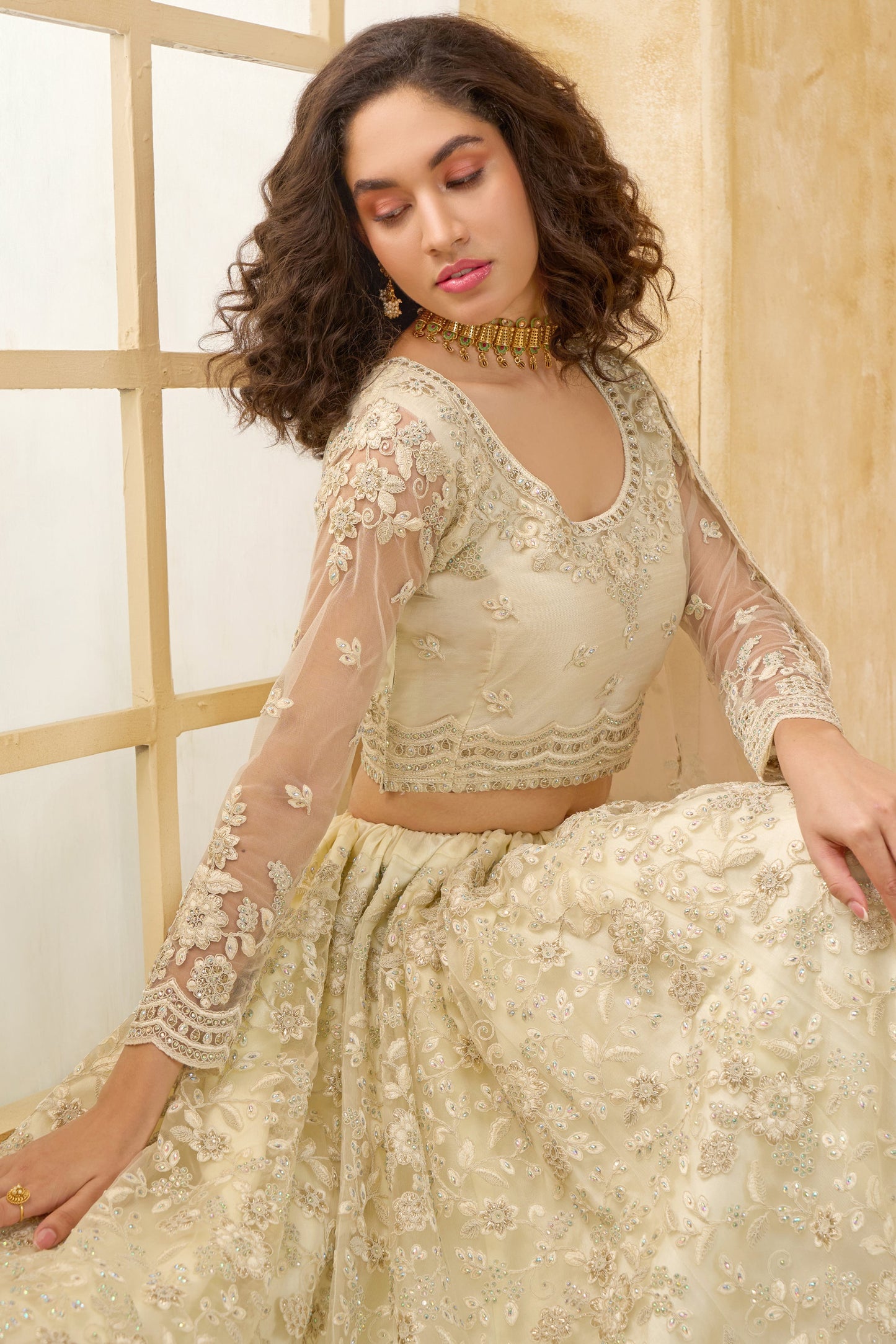 White Semi Stitched Embroidered Net Lehenga-LC13_2_SareeButa.com