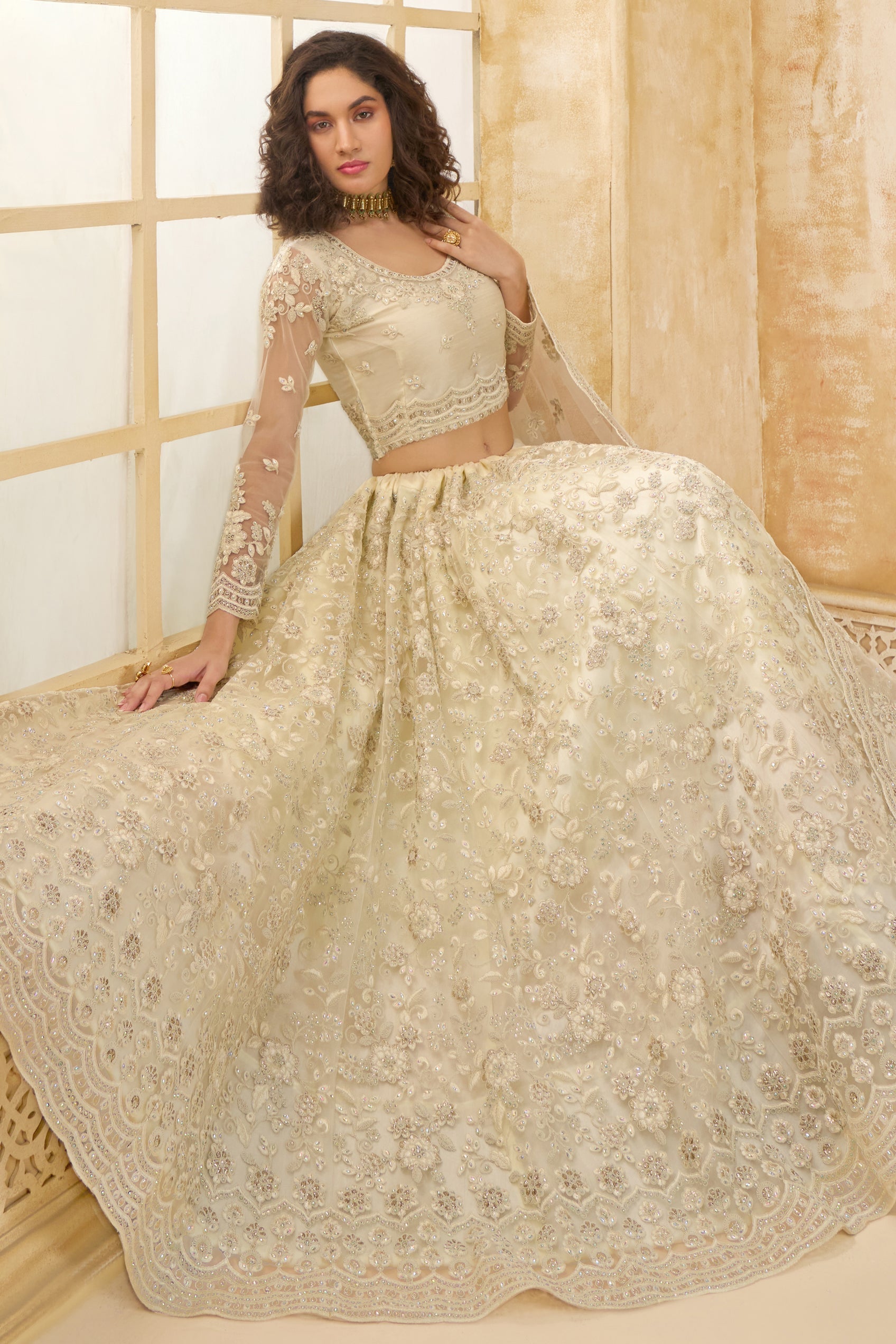 White Semi Stitched Embroidered Net Lehenga-LC13_3_SareeButa.com